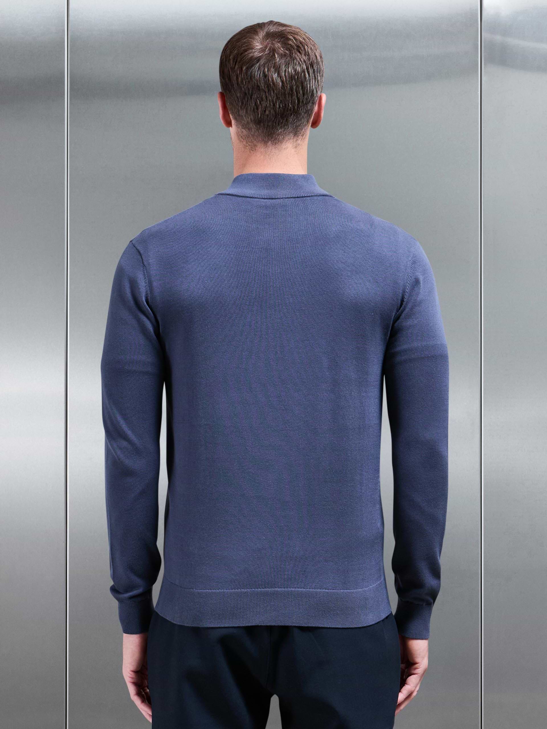 Cotton Knitted Half Zip Funnel Neck Jumper in Slate Blue