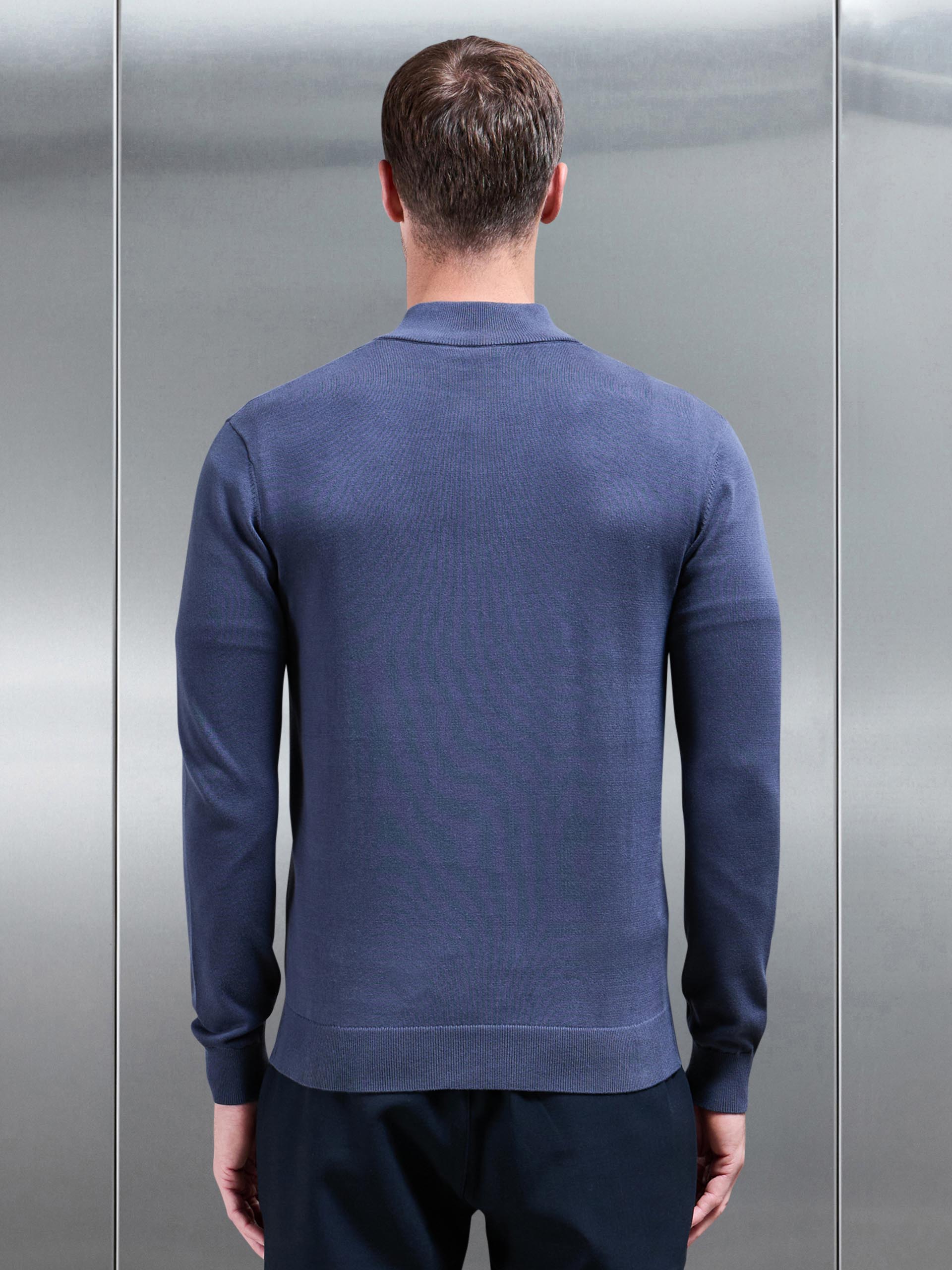 Cotton Knitted Half Zip Funnel Neck Jumper in Slate Blue