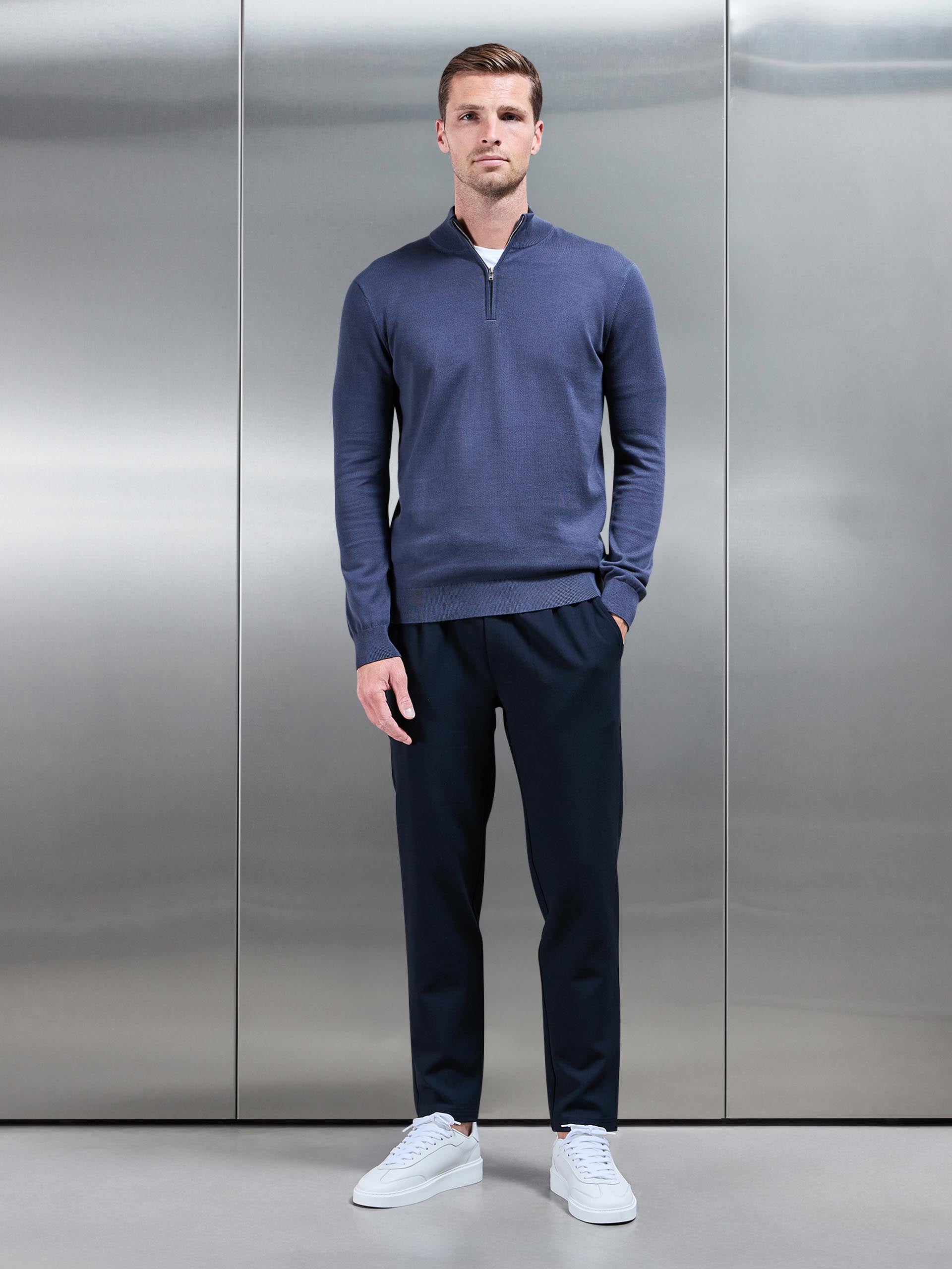 Cotton Knitted Half Zip Funnel Neck Jumper in Slate Blue
