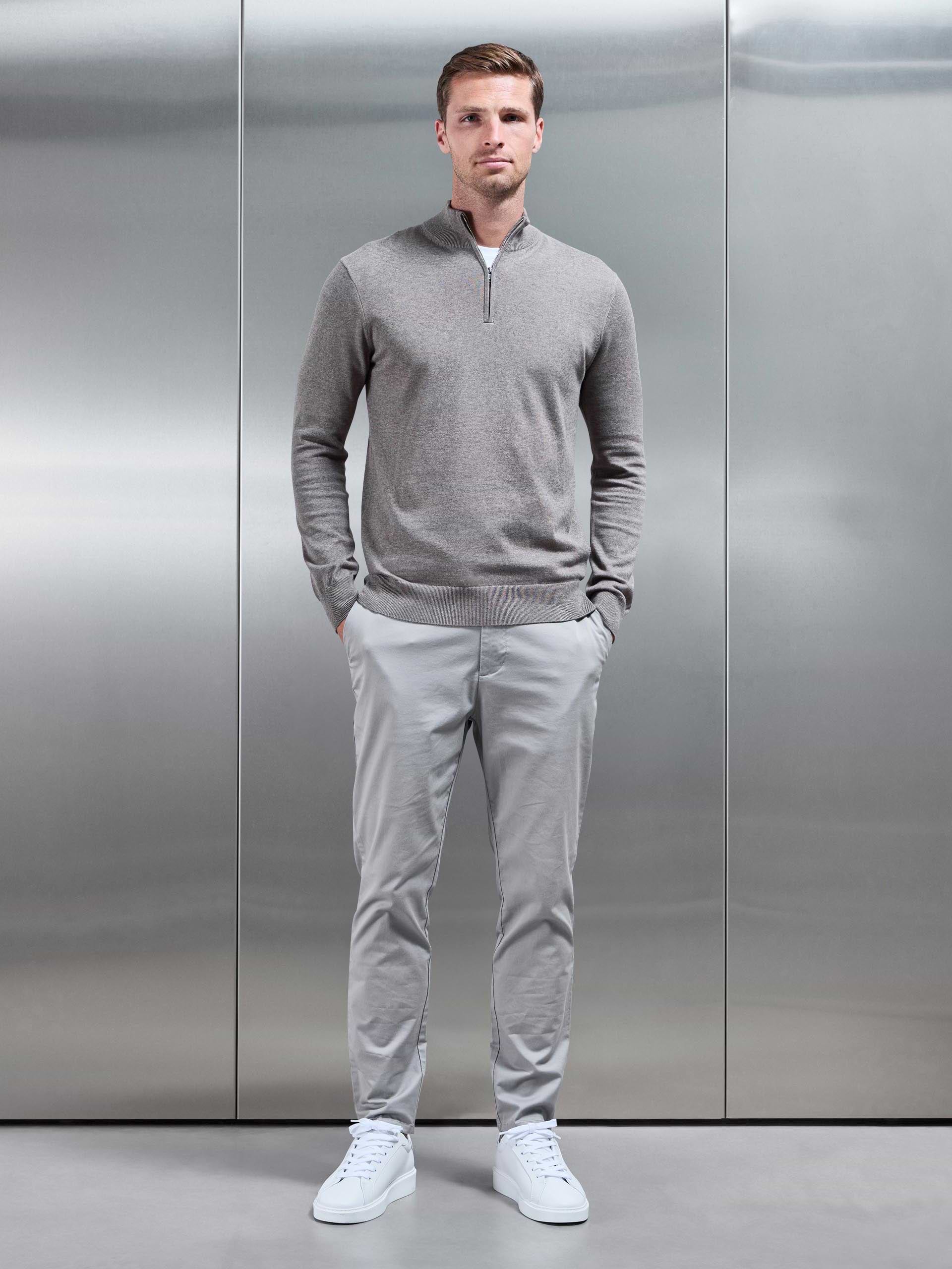 Cotton Knitted Half Zip Funnel Neck Jumper in Taupe Marl