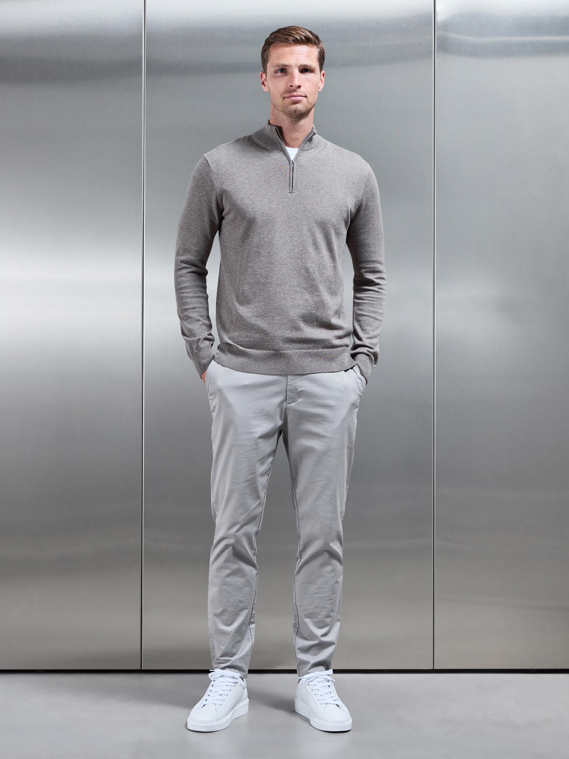 Cotton Knitted Half Zip Funnel Neck Jumper in Taupe Marl