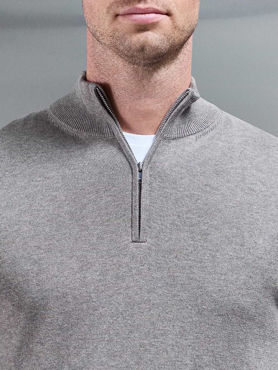 Cotton Knitted Half Zip Funnel Neck Jumper in Taupe Marl