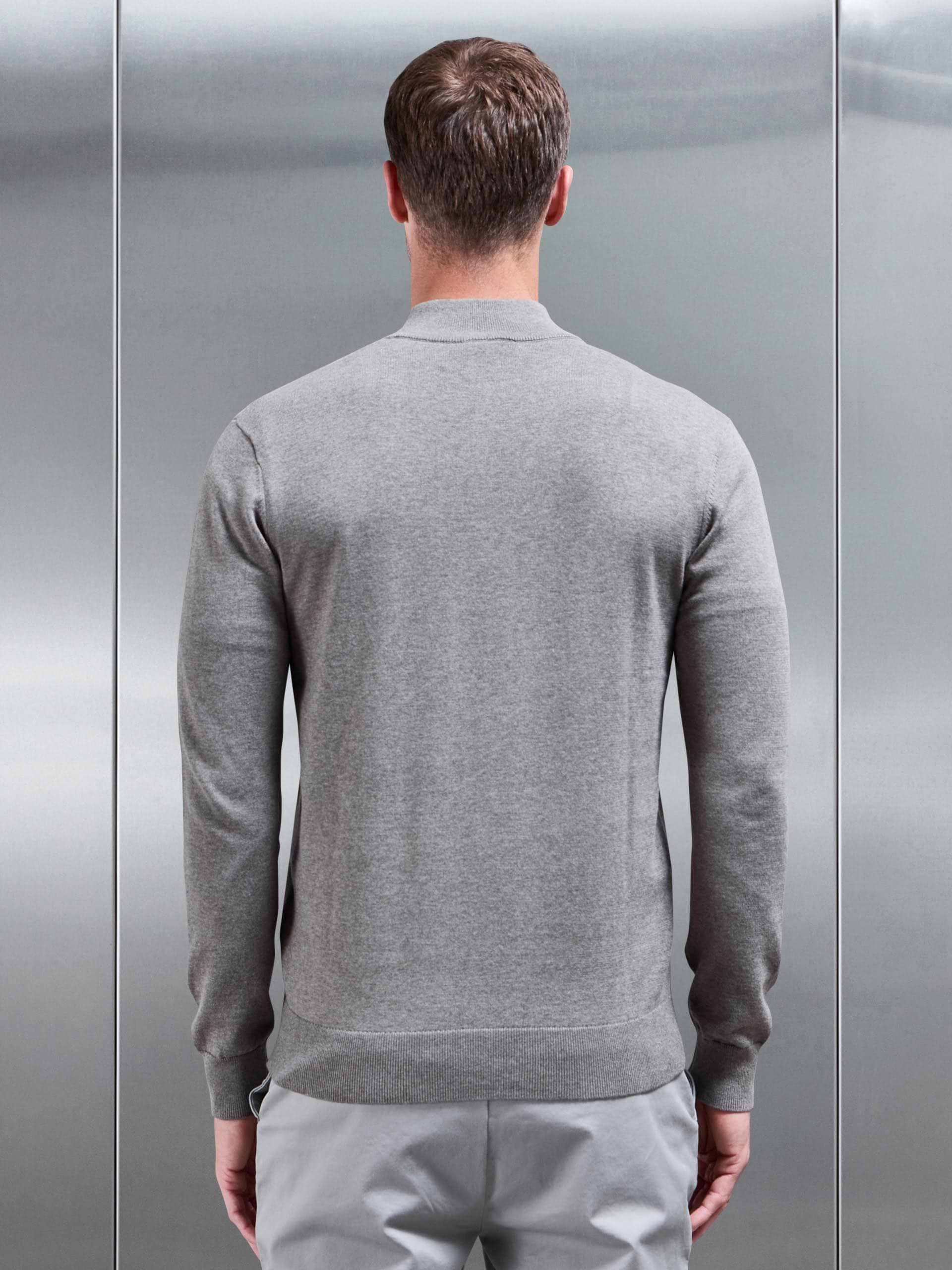 Cotton Knitted Half Zip Funnel Neck Jumper in Taupe Marl