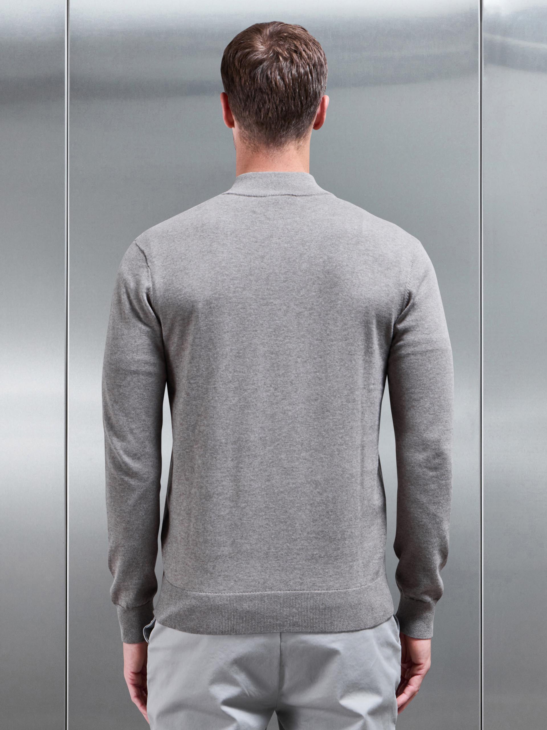 Cotton Knitted Half Zip Funnel Neck Jumper in Taupe Marl