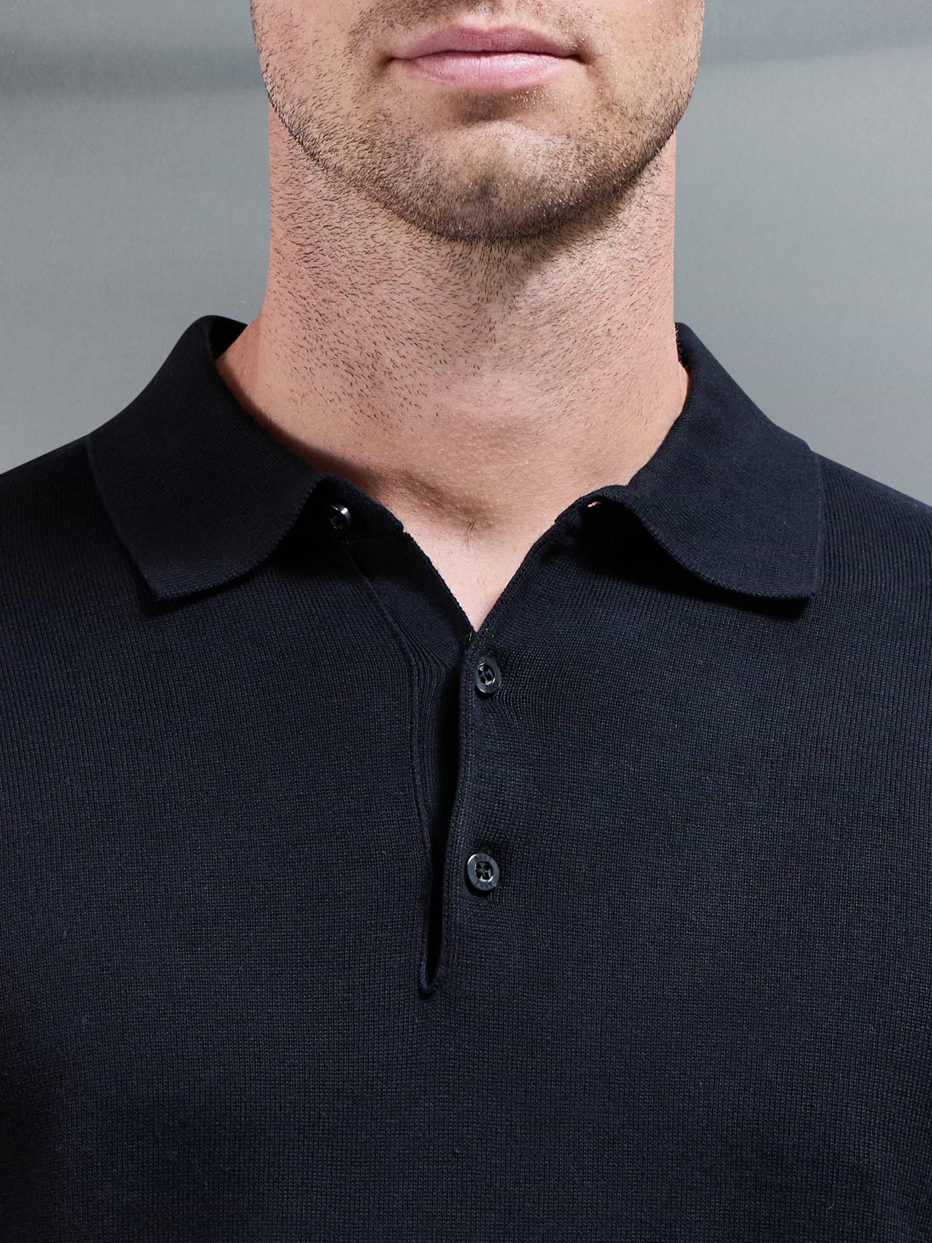 Cotton Knitted Long Sleeve Button Polo Shirt in Black