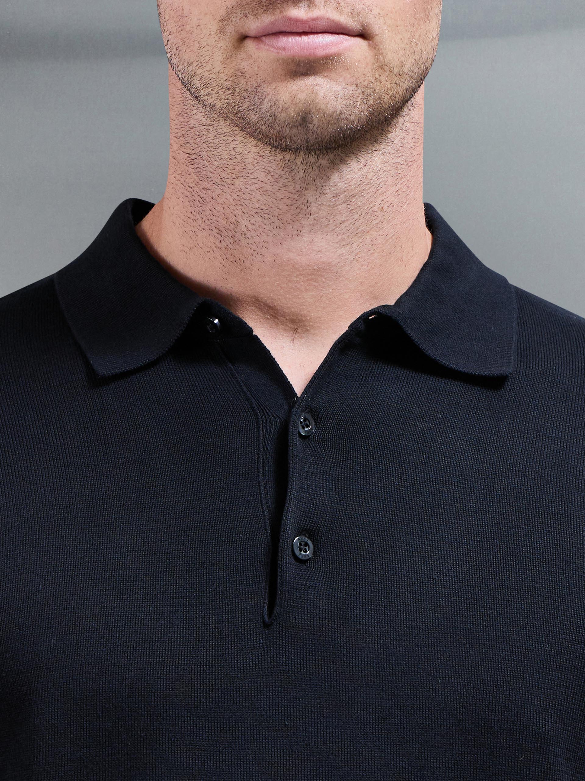 Cotton Knitted Long Sleeve Button Polo Shirt in Black