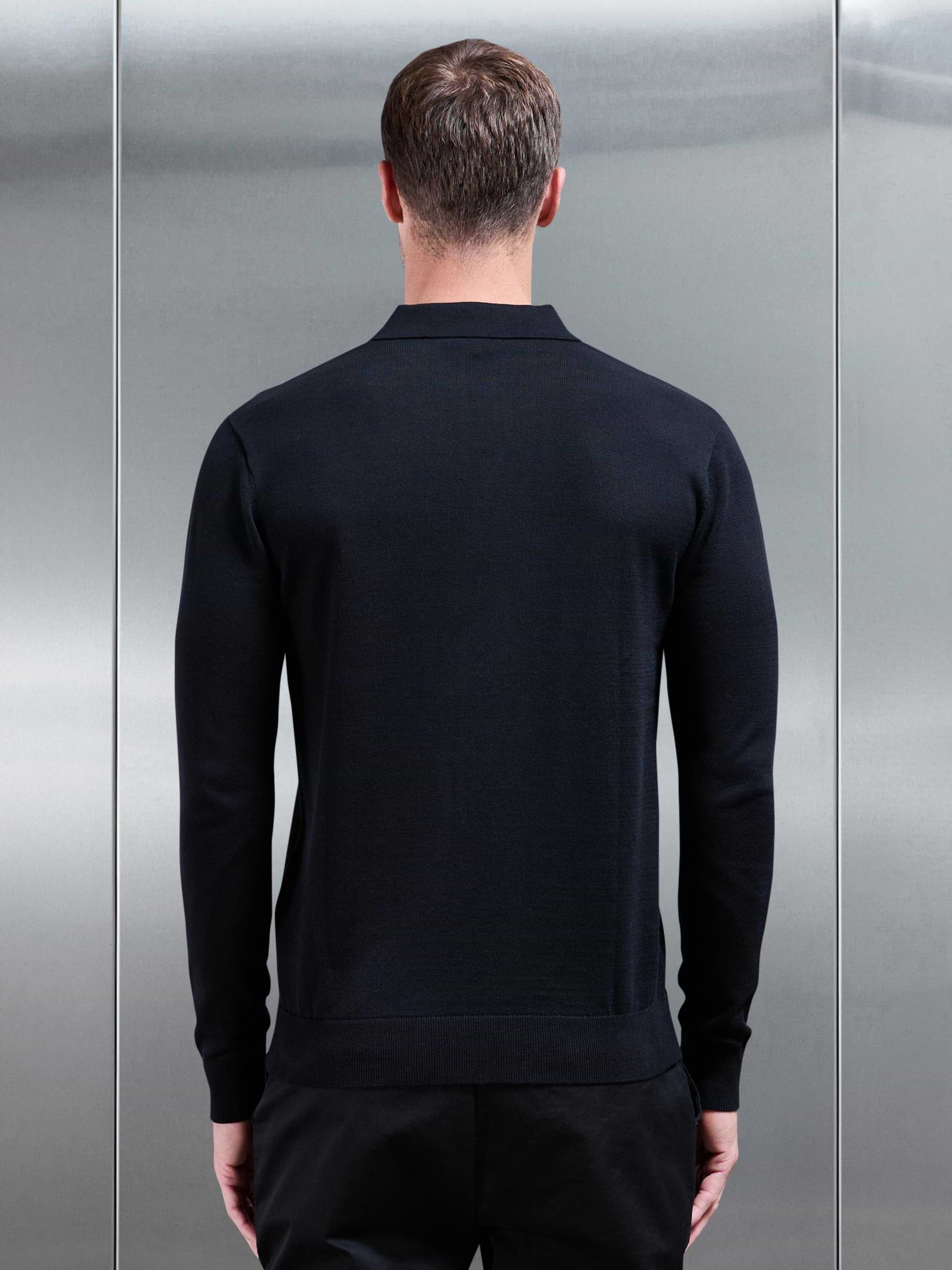 Cotton Knitted Long Sleeve Button Polo Shirt in Black