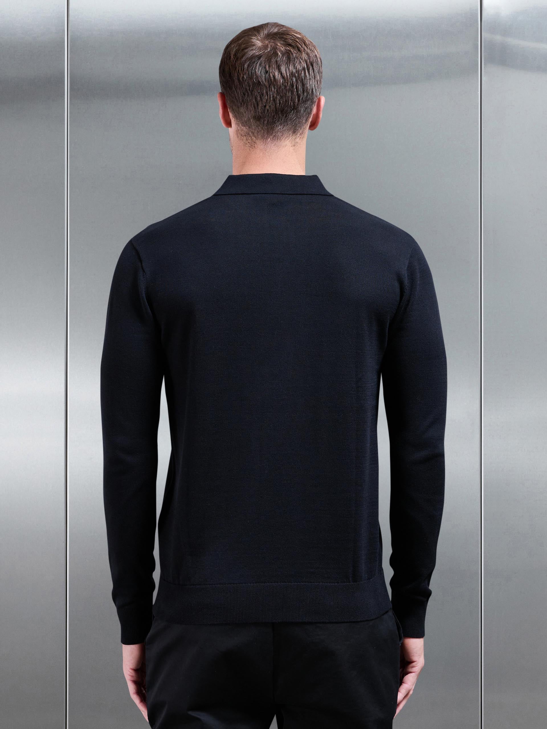 Cotton Knitted Long Sleeve Button Polo Shirt in Black