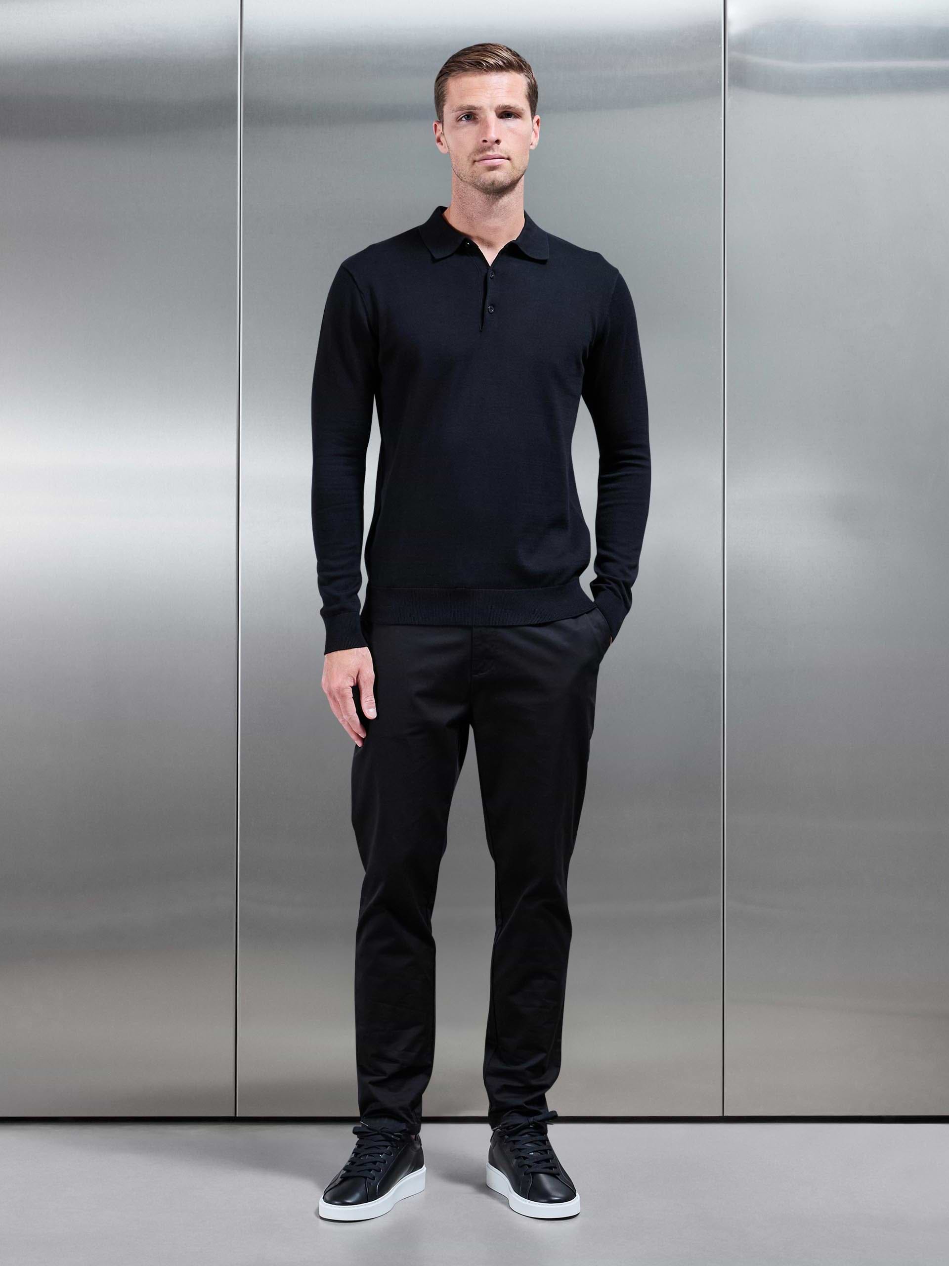 Cotton Knitted Long Sleeve Button Polo Shirt in Black