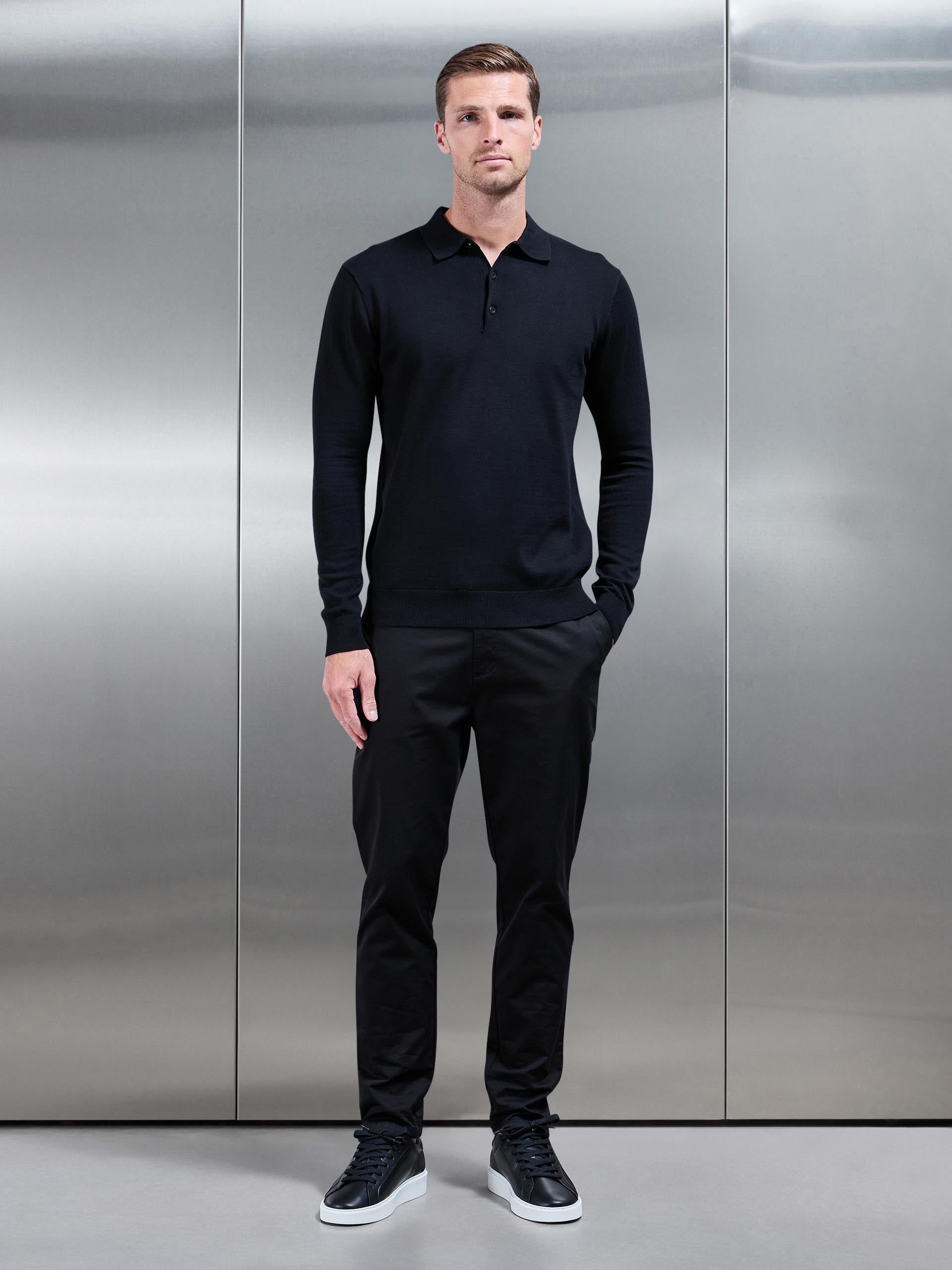 Cotton Knitted Long Sleeve Button Polo Shirt in Black