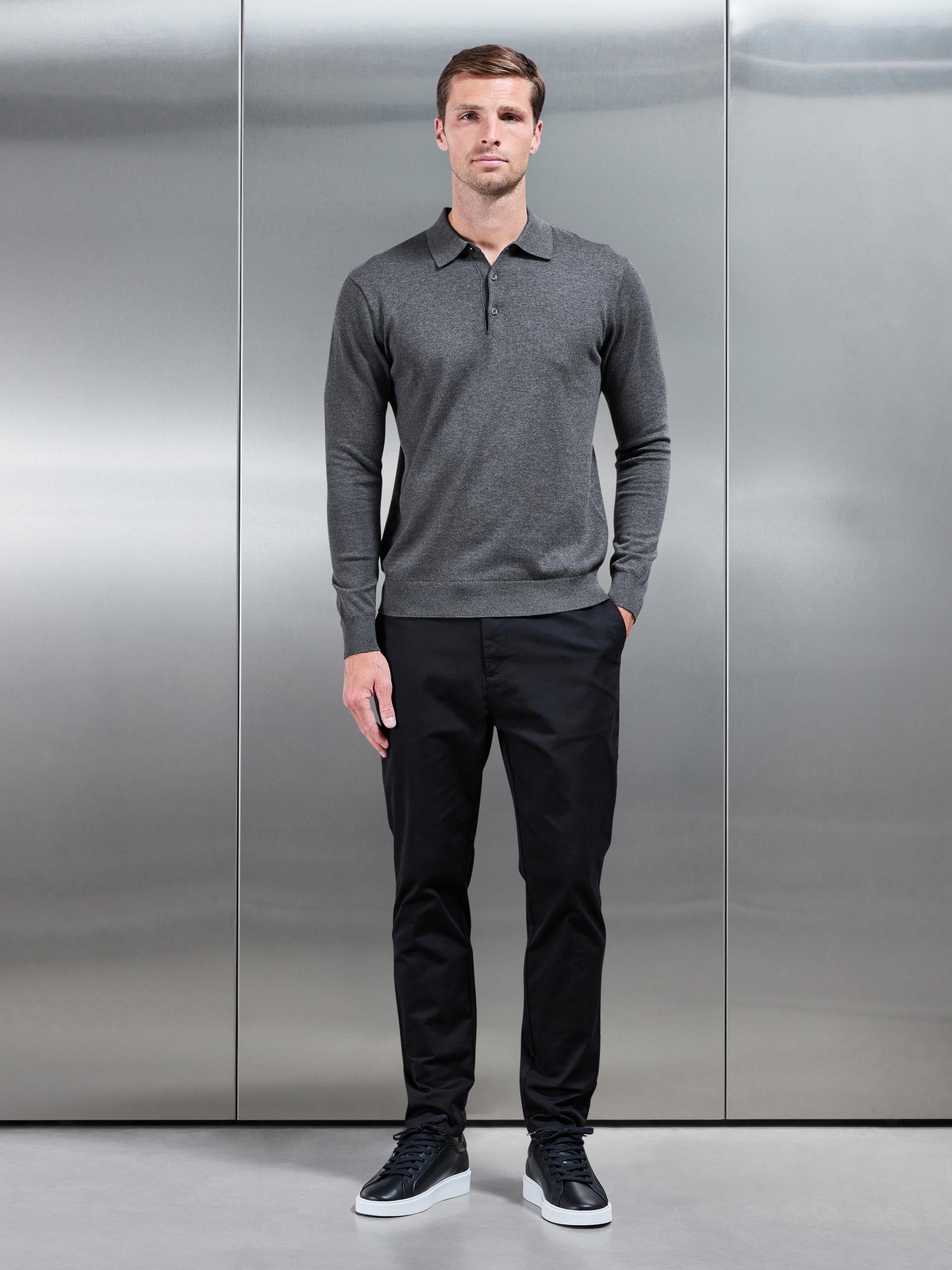 Cotton Knitted Long Sleeve Button Polo Shirt in Charcoal Marl