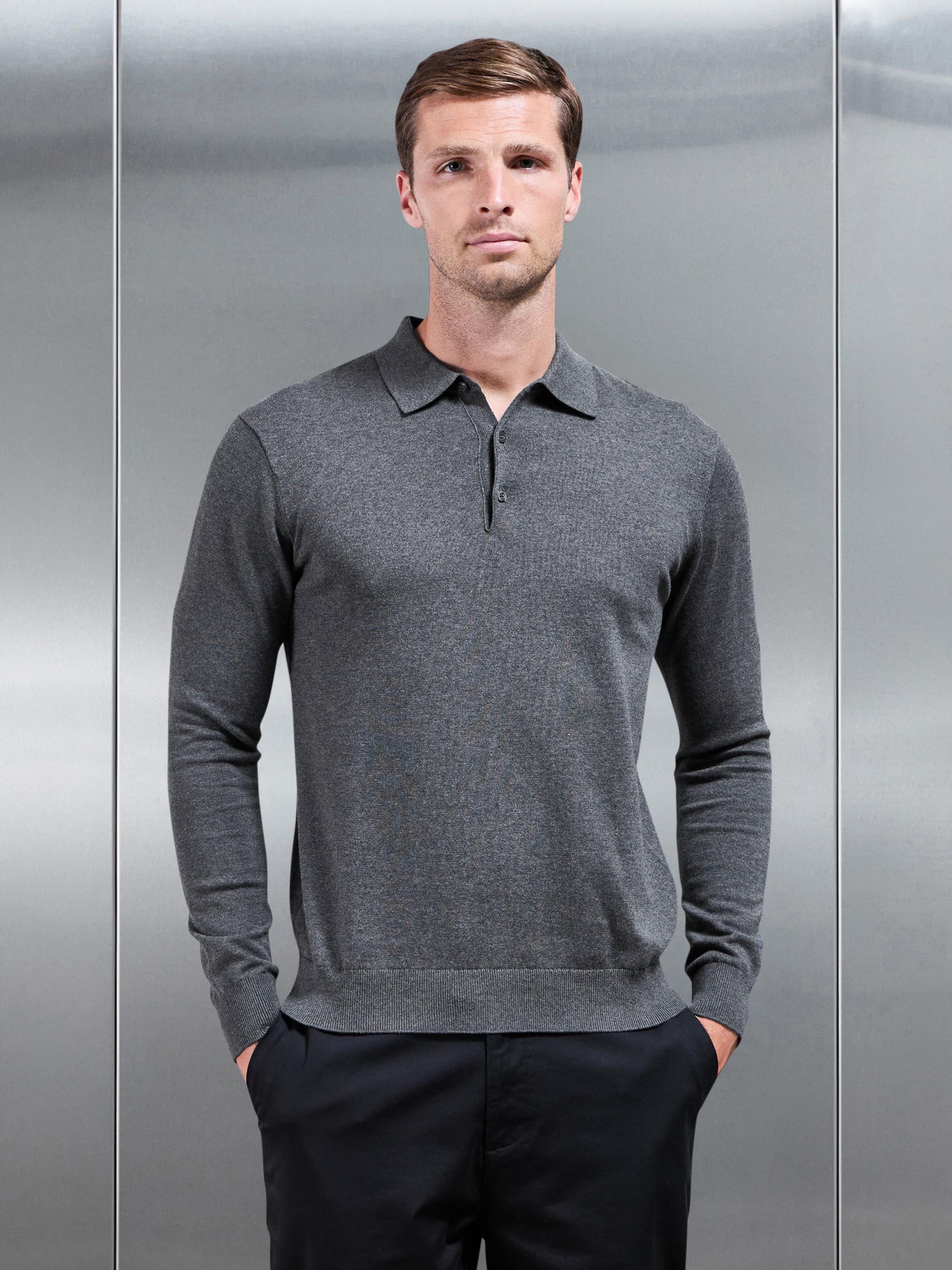 Cotton Knitted Long Sleeve Button Polo Shirt in Charcoal Marl