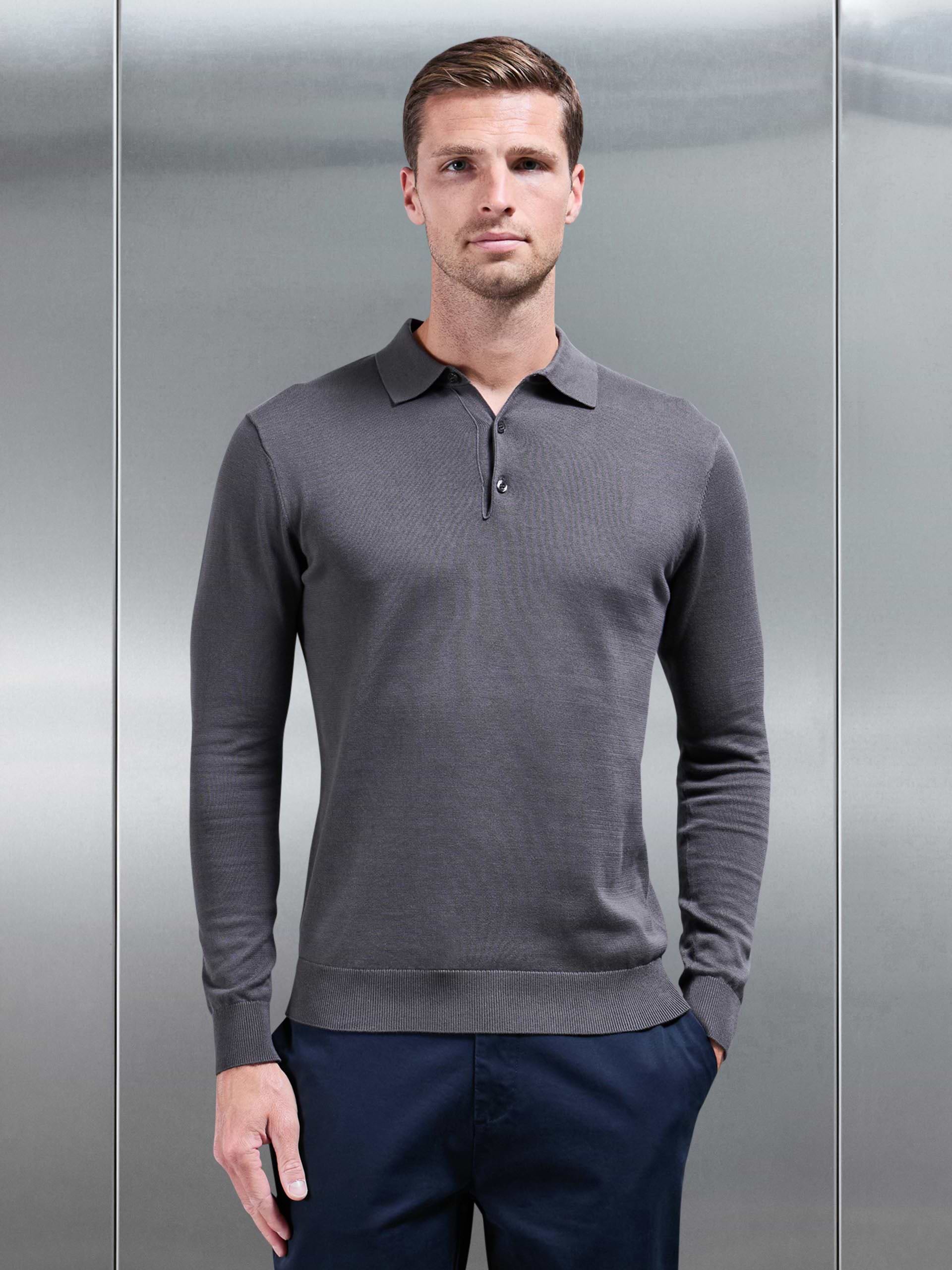 Cotton Knitted Long Sleeve Button Polo Shirt in Grey