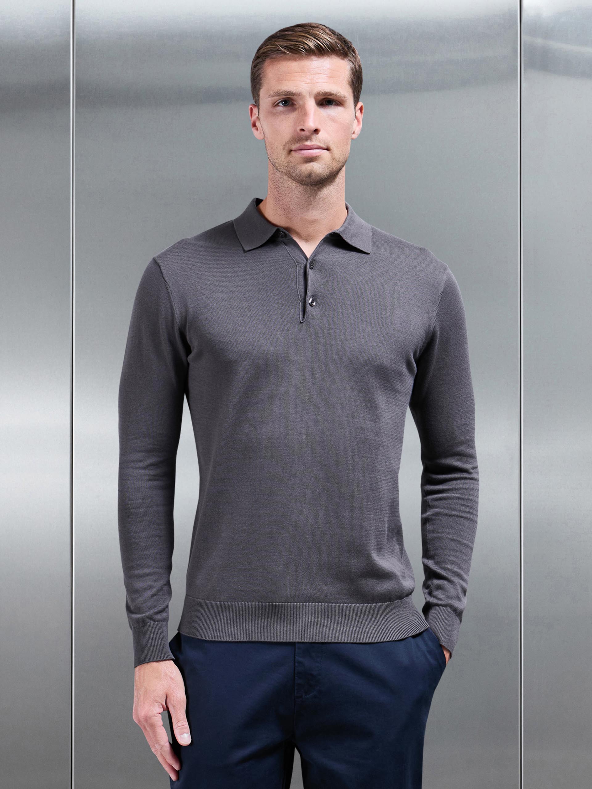 Cotton Knitted Long Sleeve Button Polo Shirt in Grey