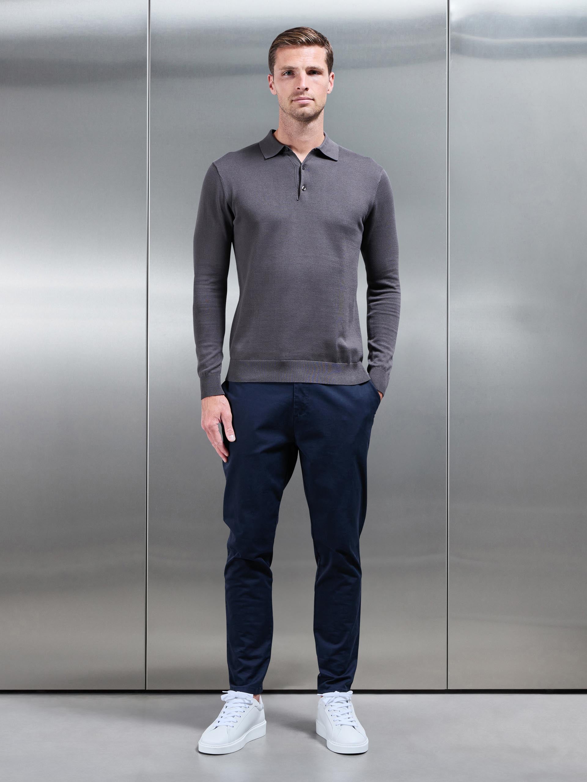 Cotton Knitted Long Sleeve Button Polo Shirt in Grey