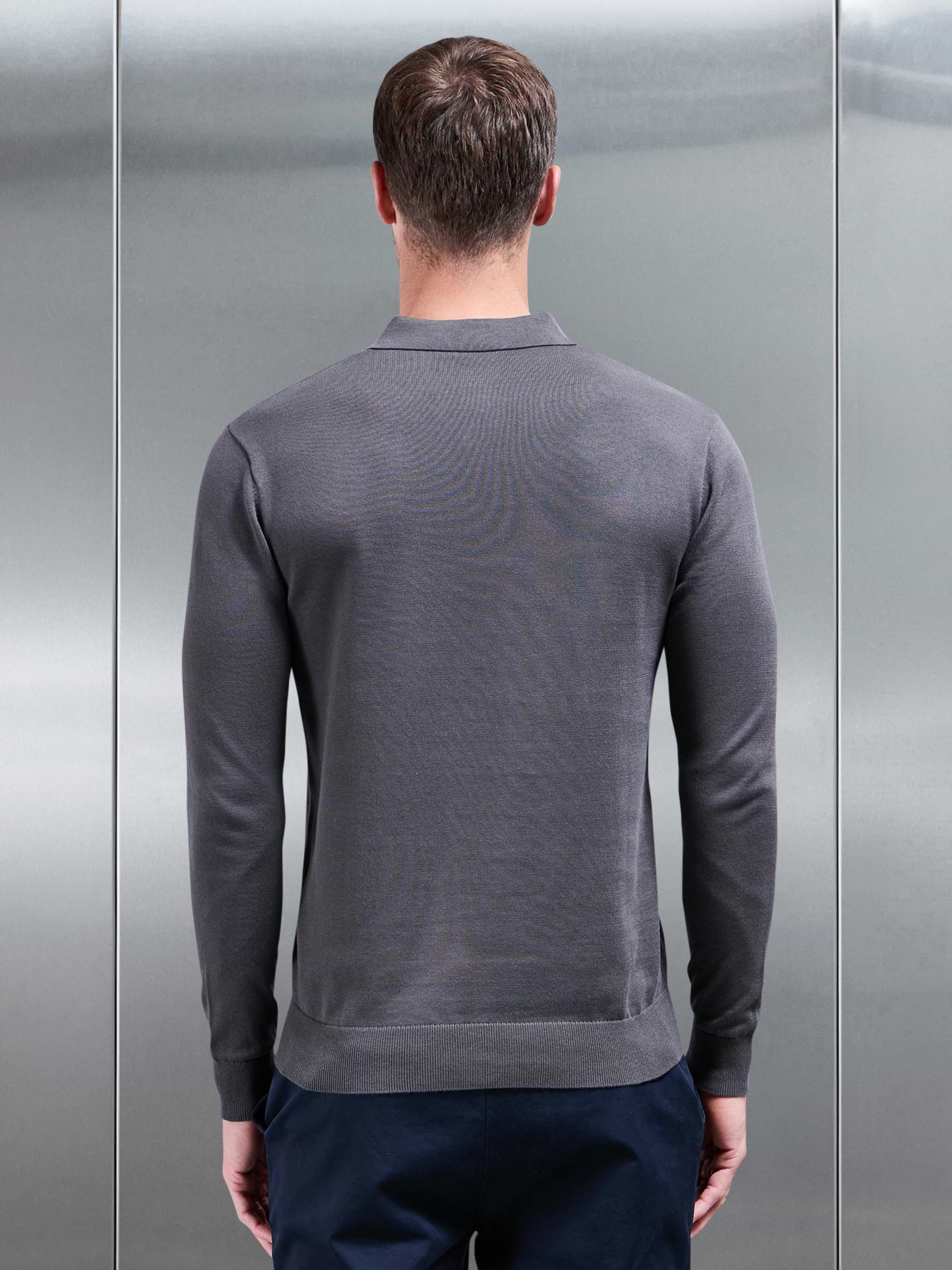 Cotton Knitted Long Sleeve Button Polo Shirt in Grey