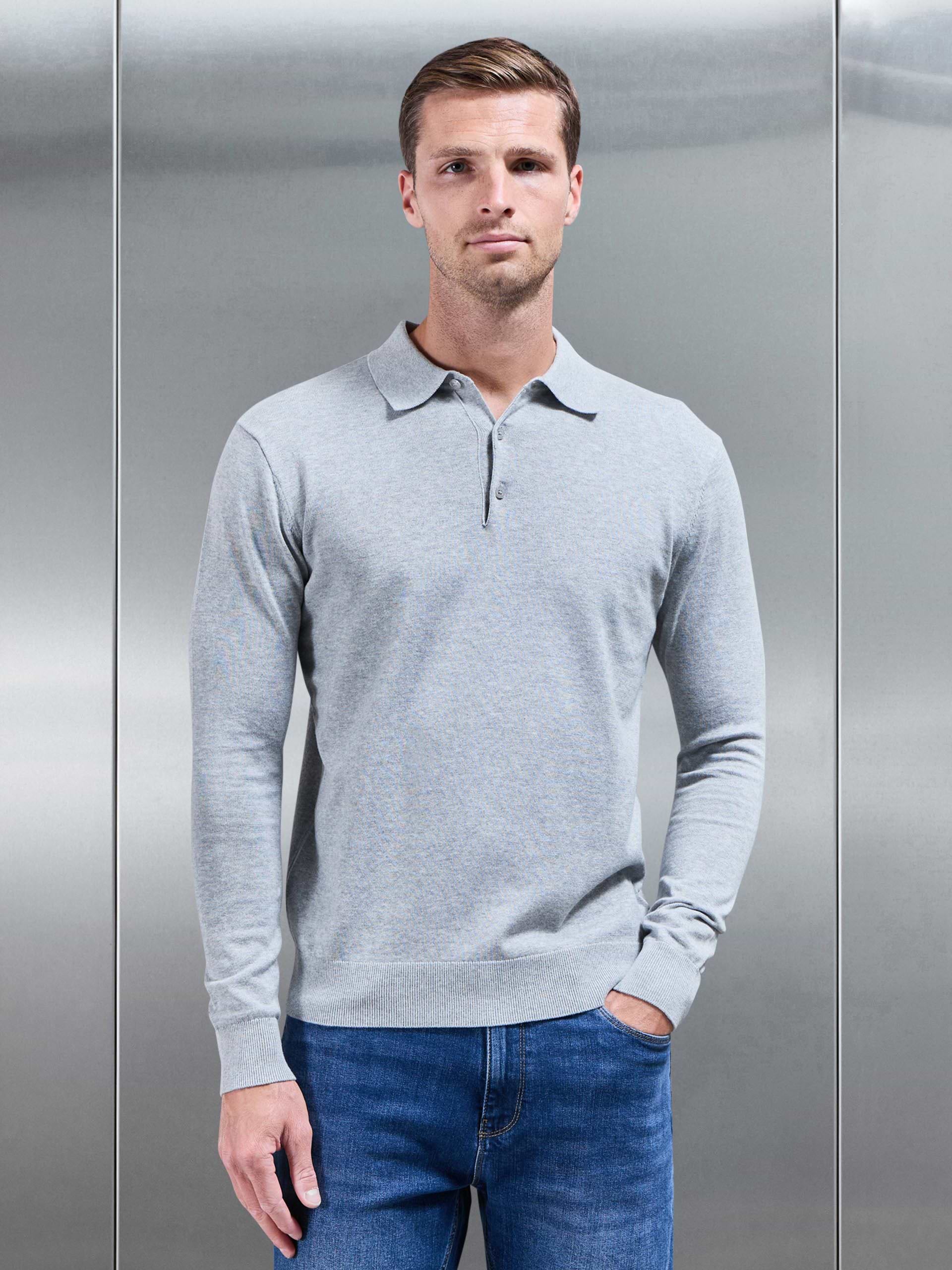 Cotton Knitted Long Sleeve Button Polo Shirt in Marl Grey