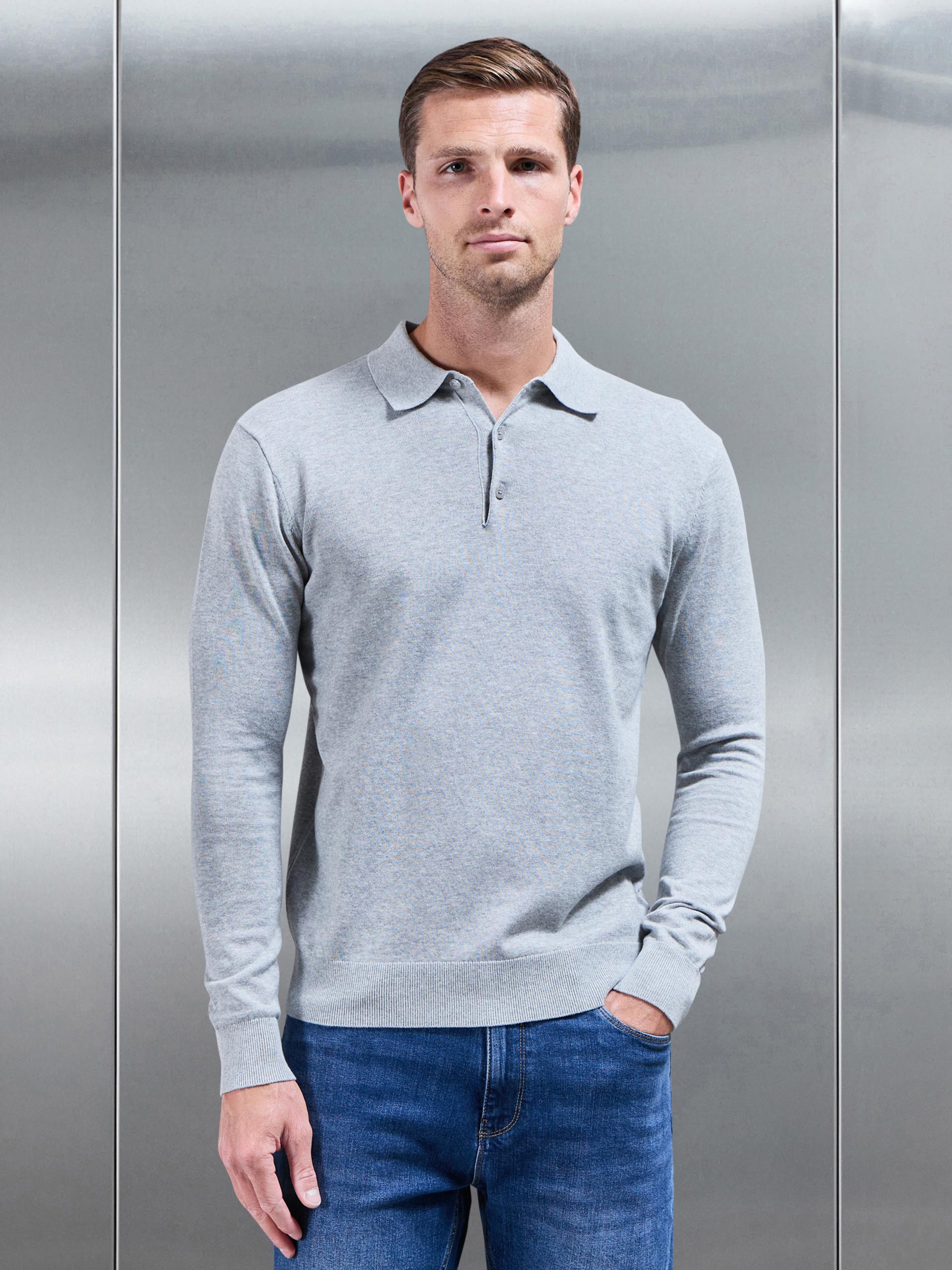 Cotton Knitted Long Sleeve Button Polo Shirt in Marl Grey