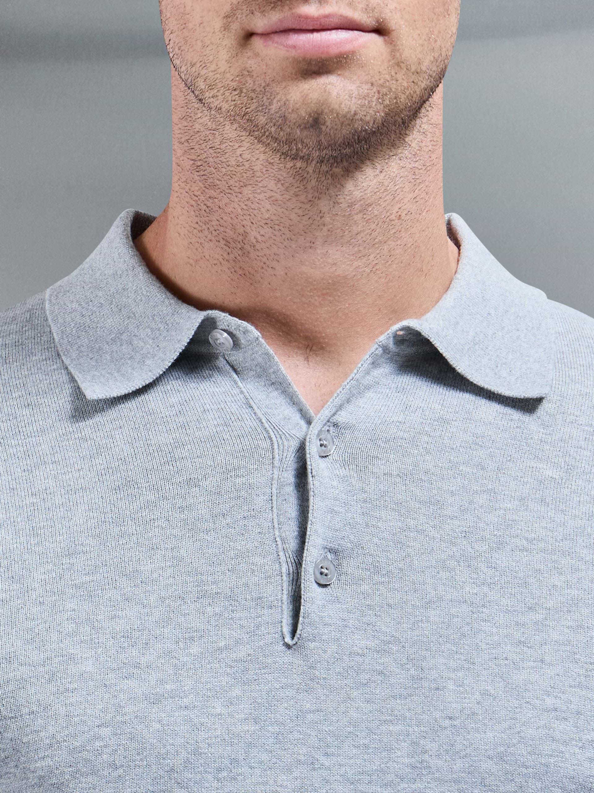 Cotton Knitted Long Sleeve Button Polo Shirt in Marl Grey