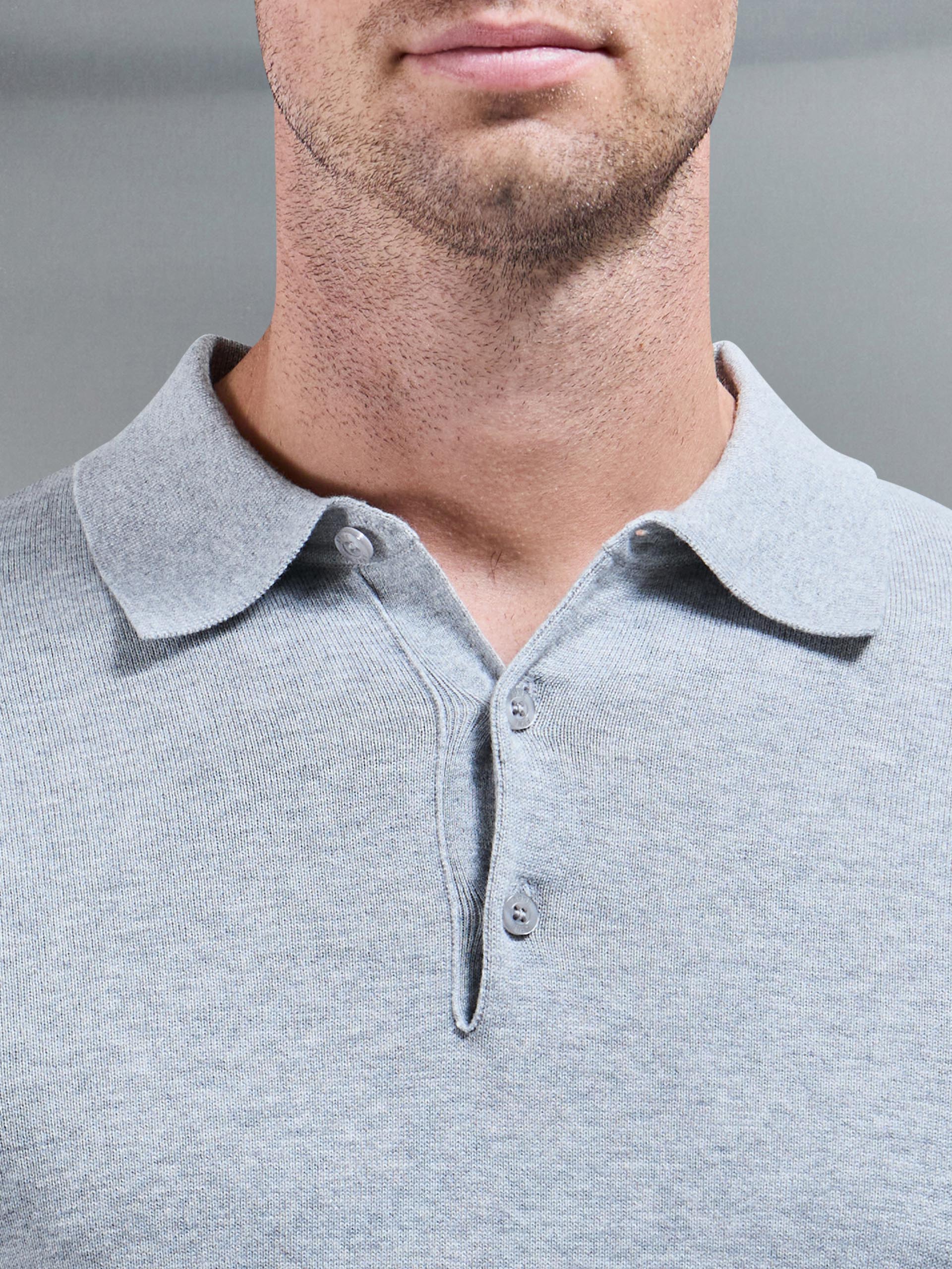 Cotton Knitted Long Sleeve Button Polo Shirt in Marl Grey
