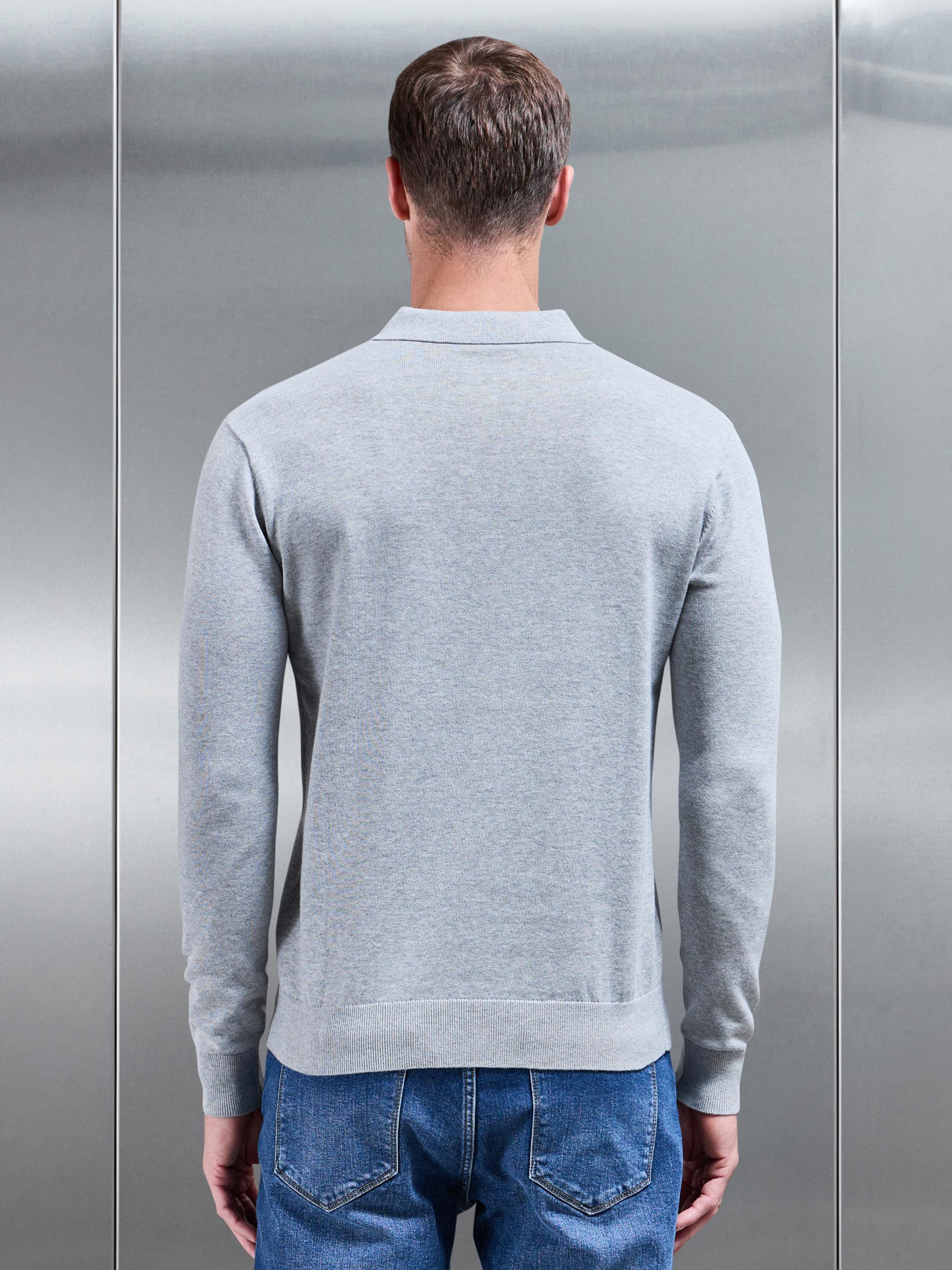 Cotton Knitted Long Sleeve Button Polo Shirt in Marl Grey