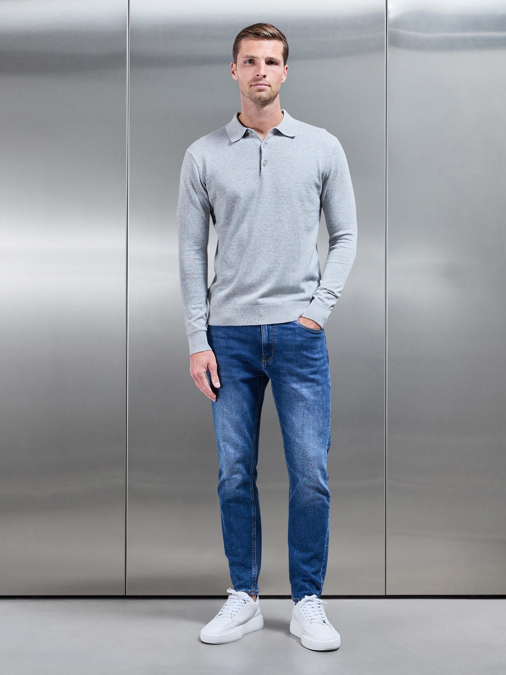 Cotton Knitted Long Sleeve Button Polo Shirt in Marl Grey