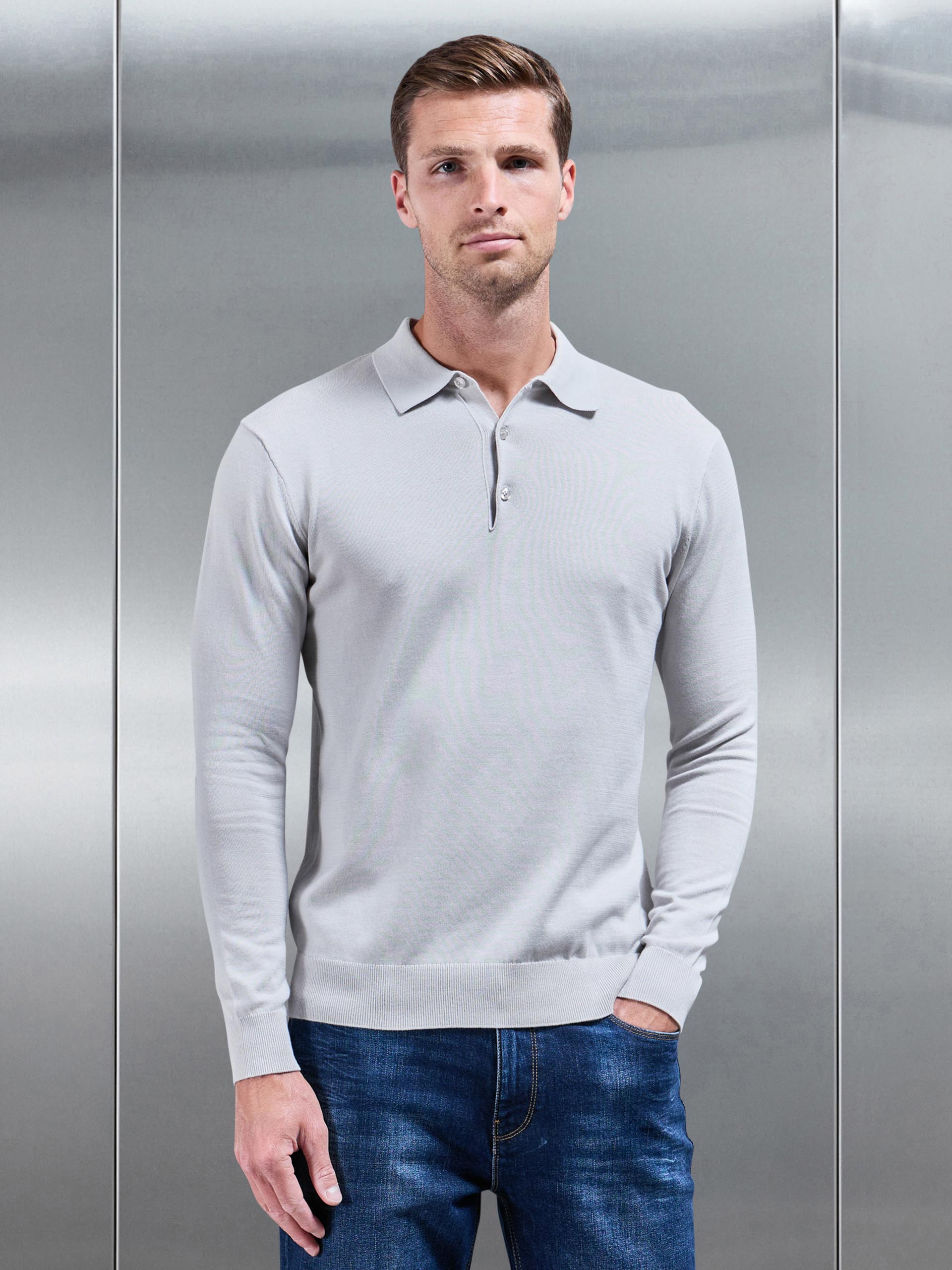 Cotton Knitted Long Sleeve Button Polo Shirt in Mid Grey