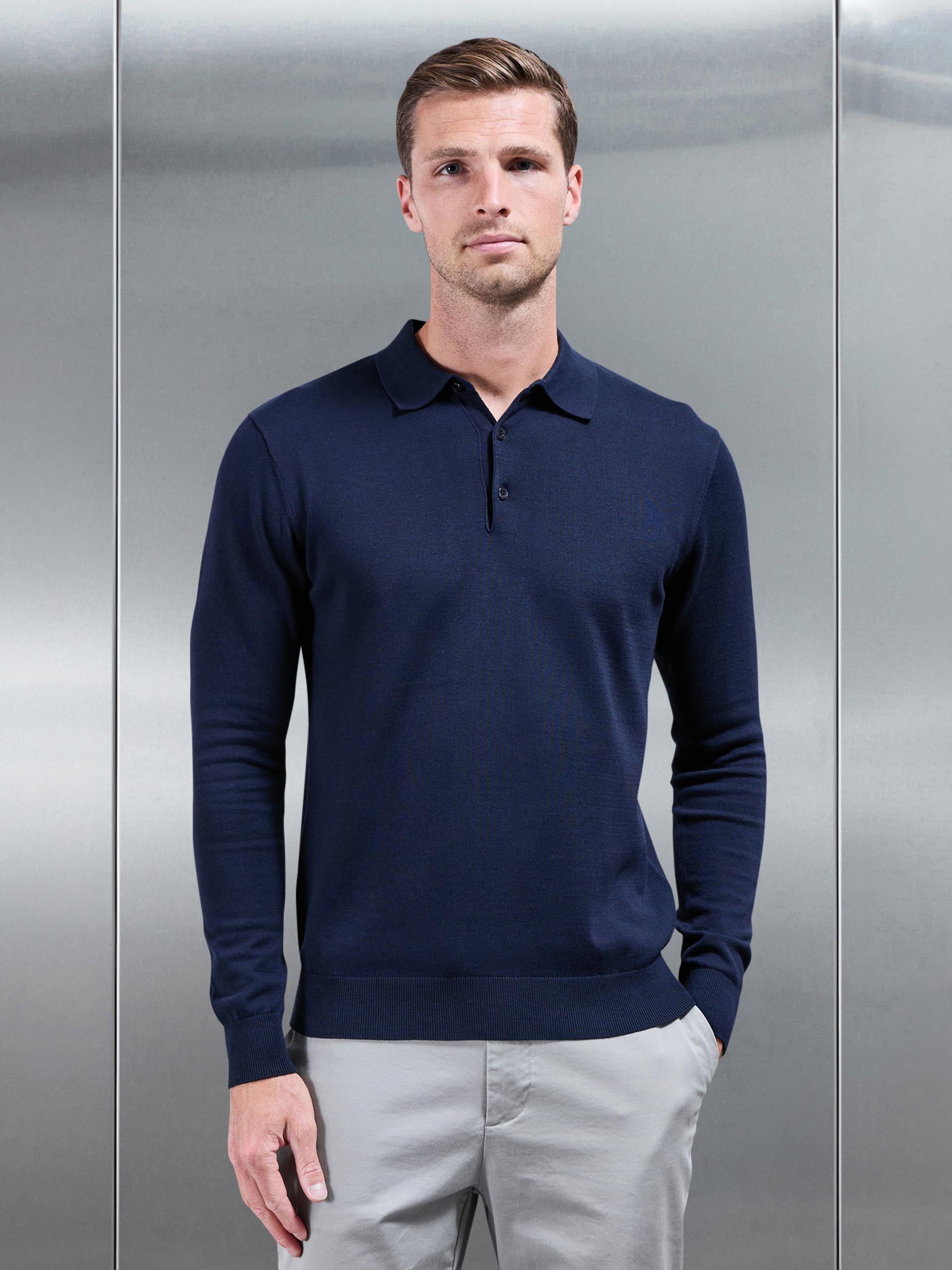 Cotton Knitted Long Sleeve Button Polo Shirt in Navy