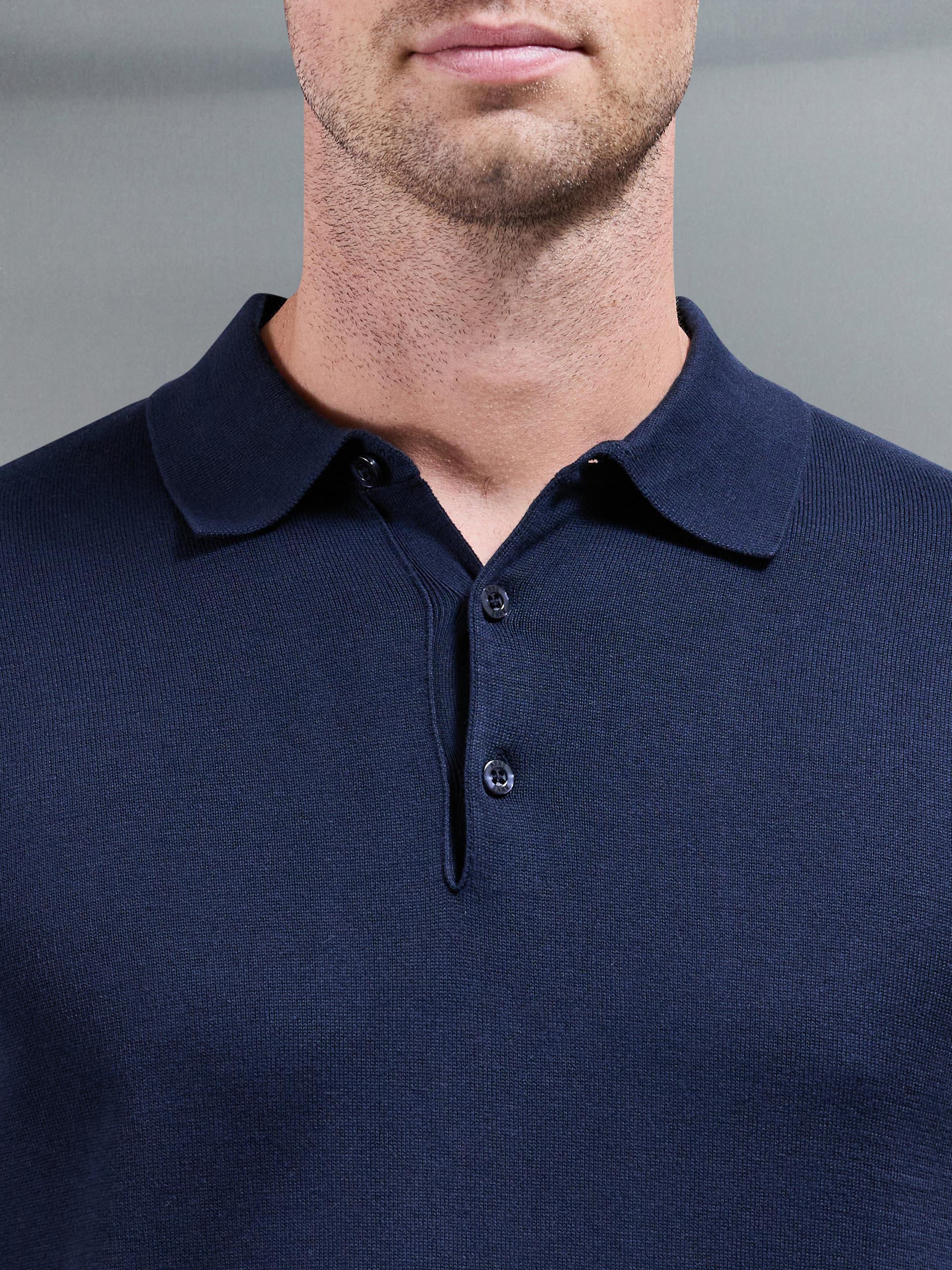 Cotton Knitted Long Sleeve Button Polo Shirt in Navy