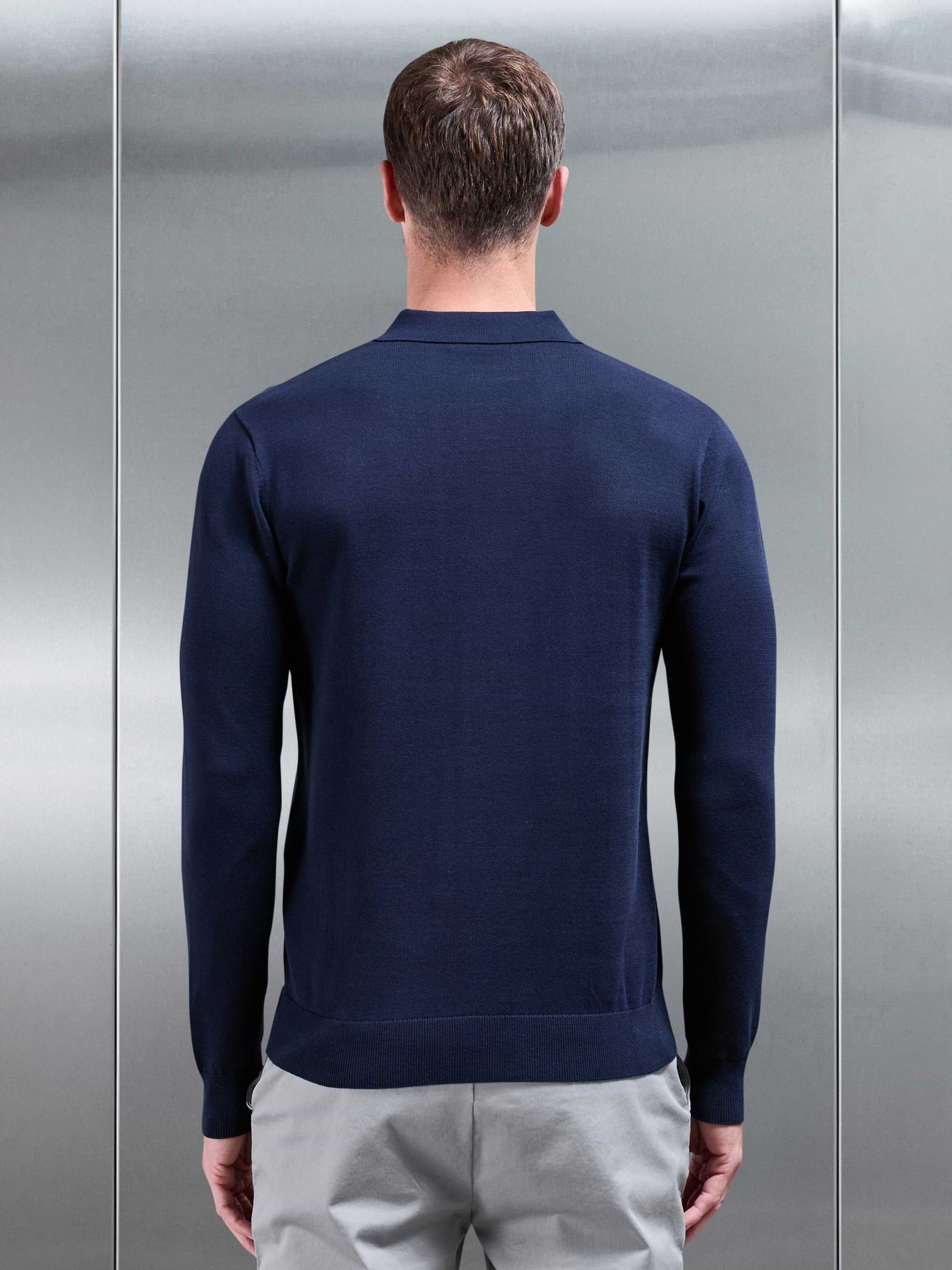 Cotton Knitted Long Sleeve Button Polo Shirt in Navy