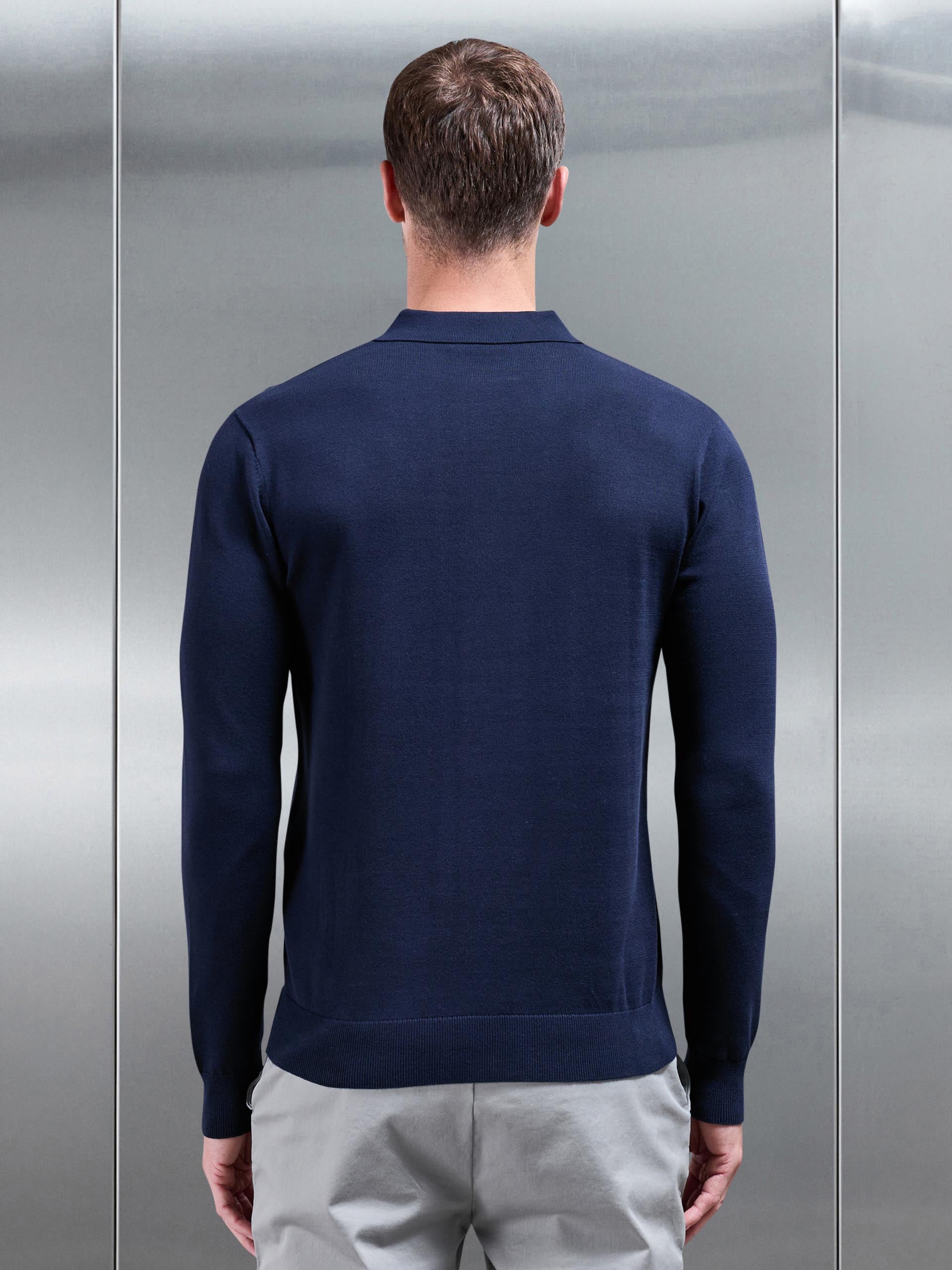Cotton Knitted Long Sleeve Button Polo Shirt in Navy