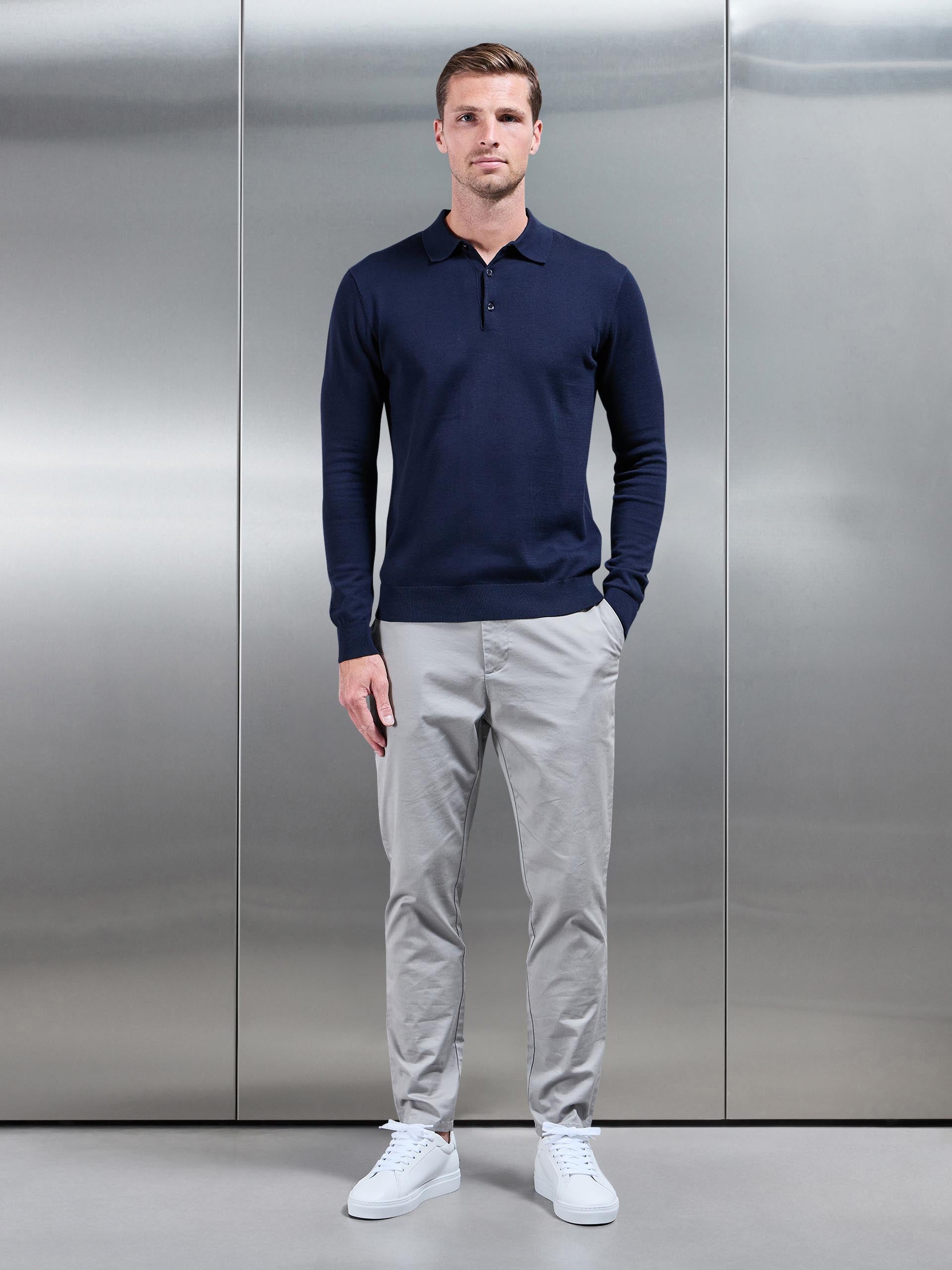 Cotton Knitted Long Sleeve Button Polo Shirt in Navy