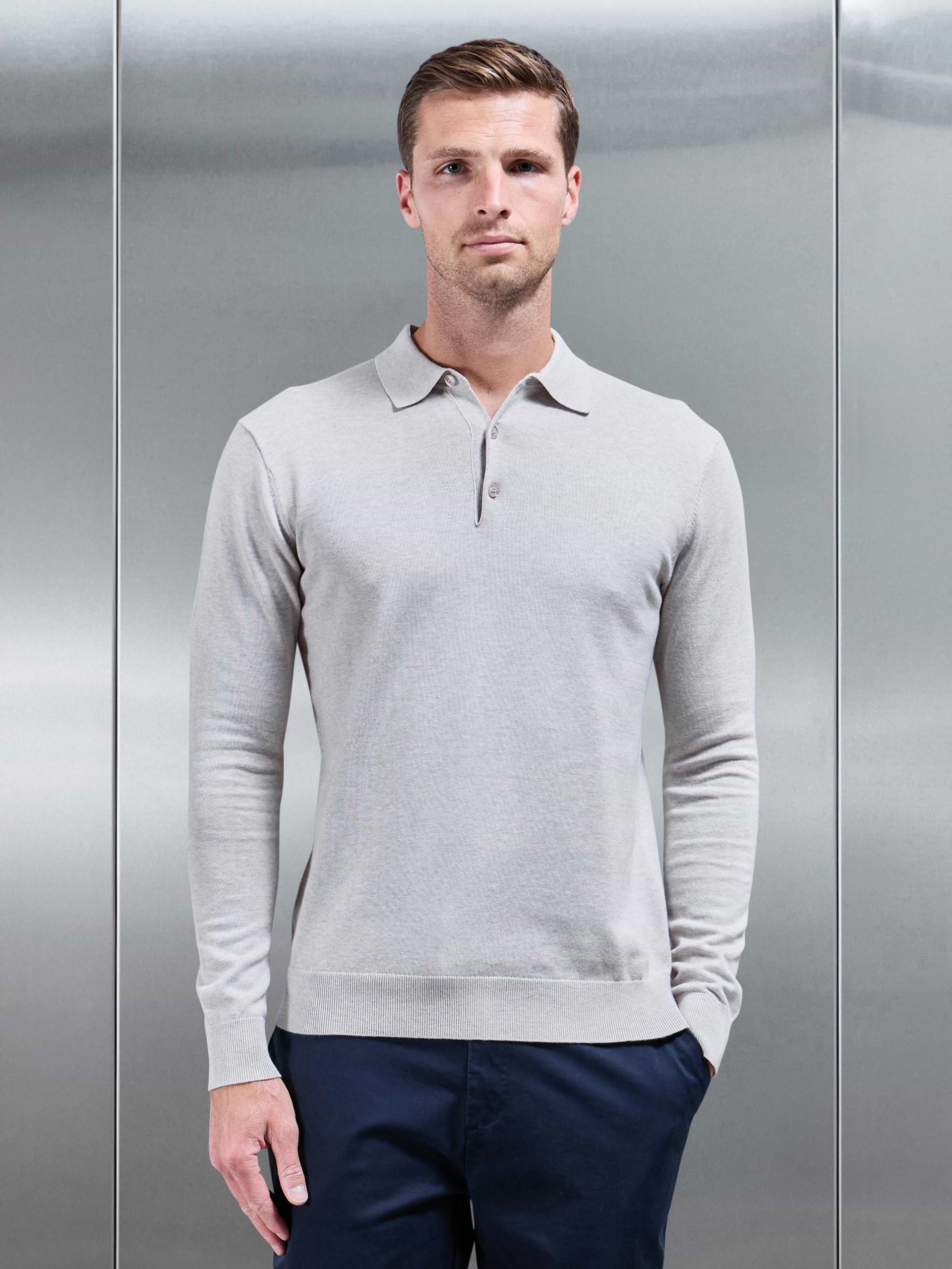 Cotton Knitted Long Sleeve Button Polo Shirt in Oatmeal