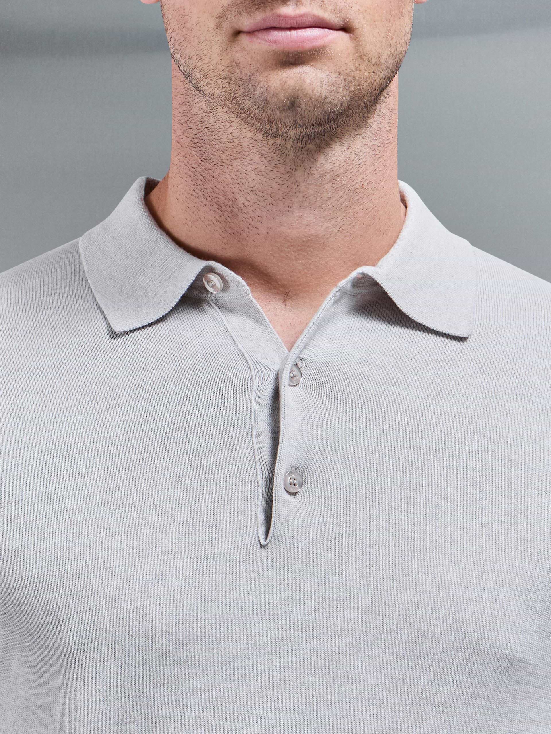 Cotton Knitted Long Sleeve Button Polo Shirt in Oatmeal