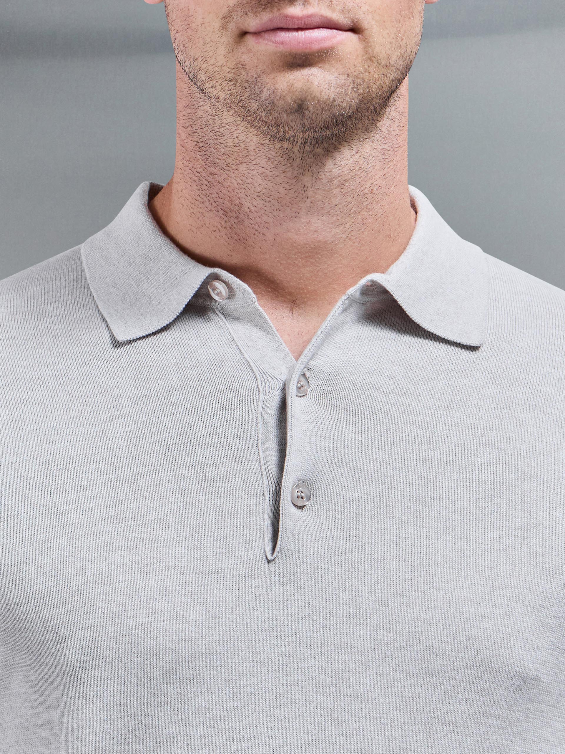 Cotton Knitted Long Sleeve Button Polo Shirt in Oatmeal