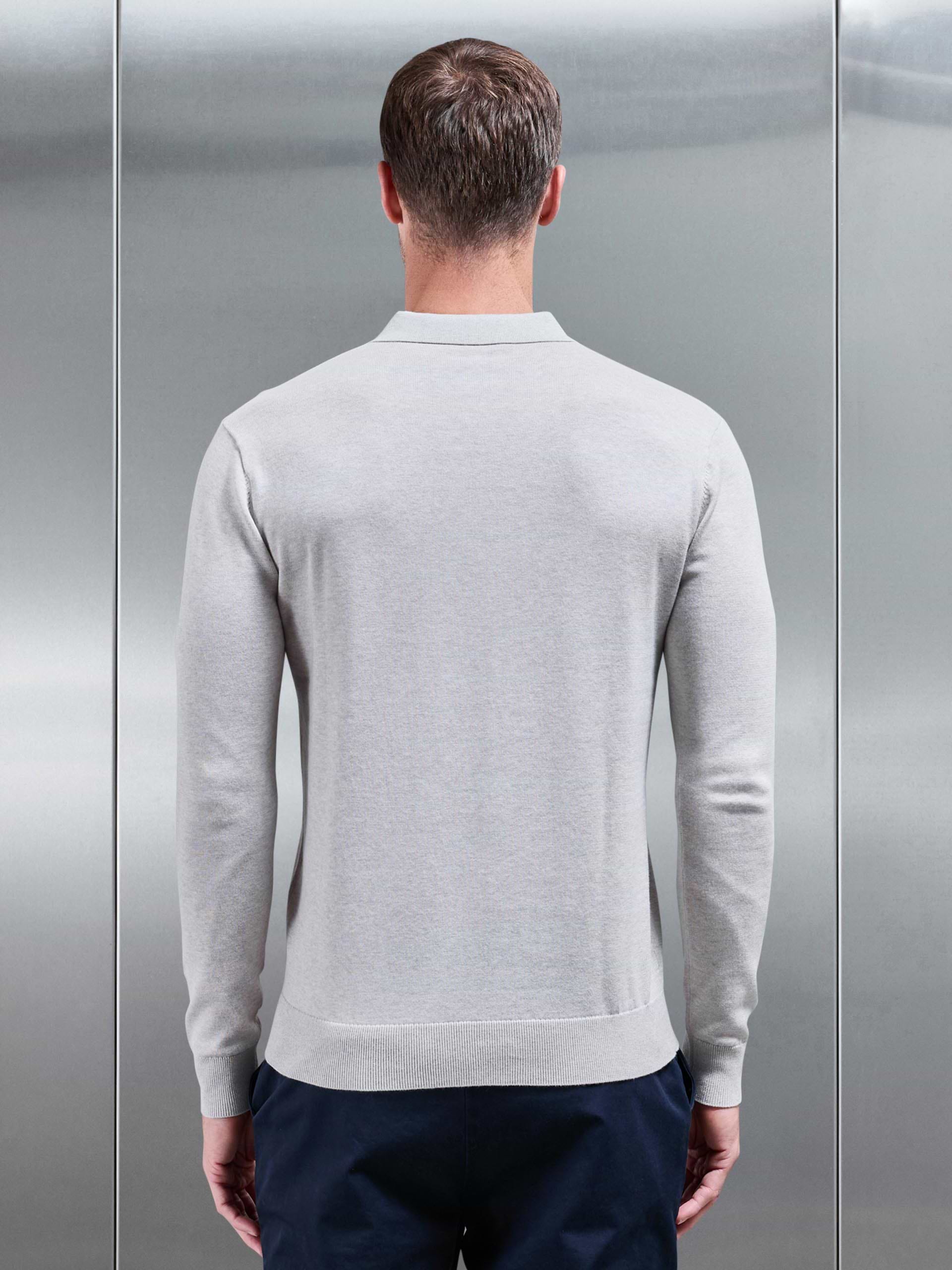 Cotton Knitted Long Sleeve Button Polo Shirt in Oatmeal