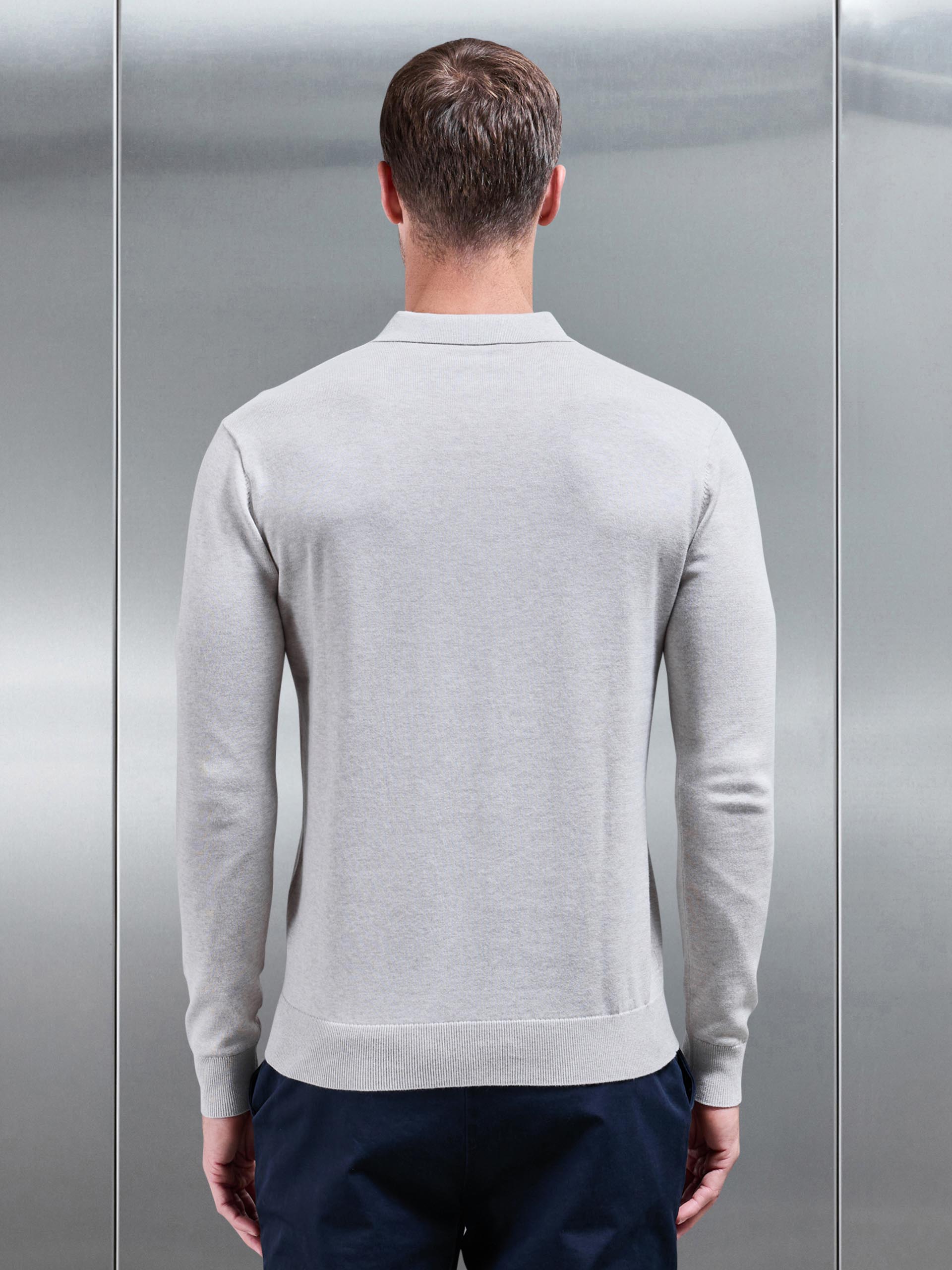 Cotton Knitted Long Sleeve Button Polo Shirt in Oatmeal