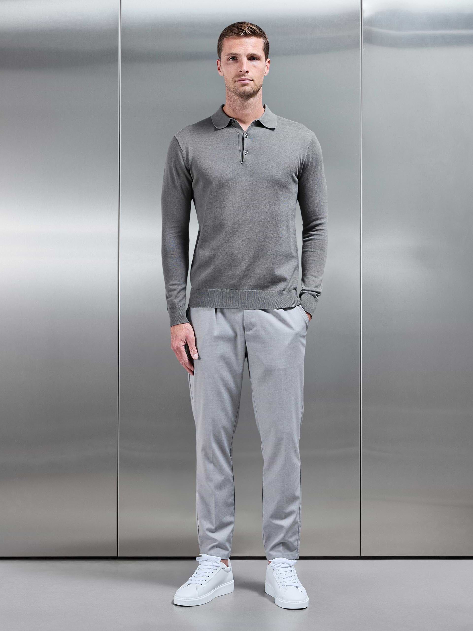 Cotton Knitted Long Sleeve Button Polo Shirt in Sage