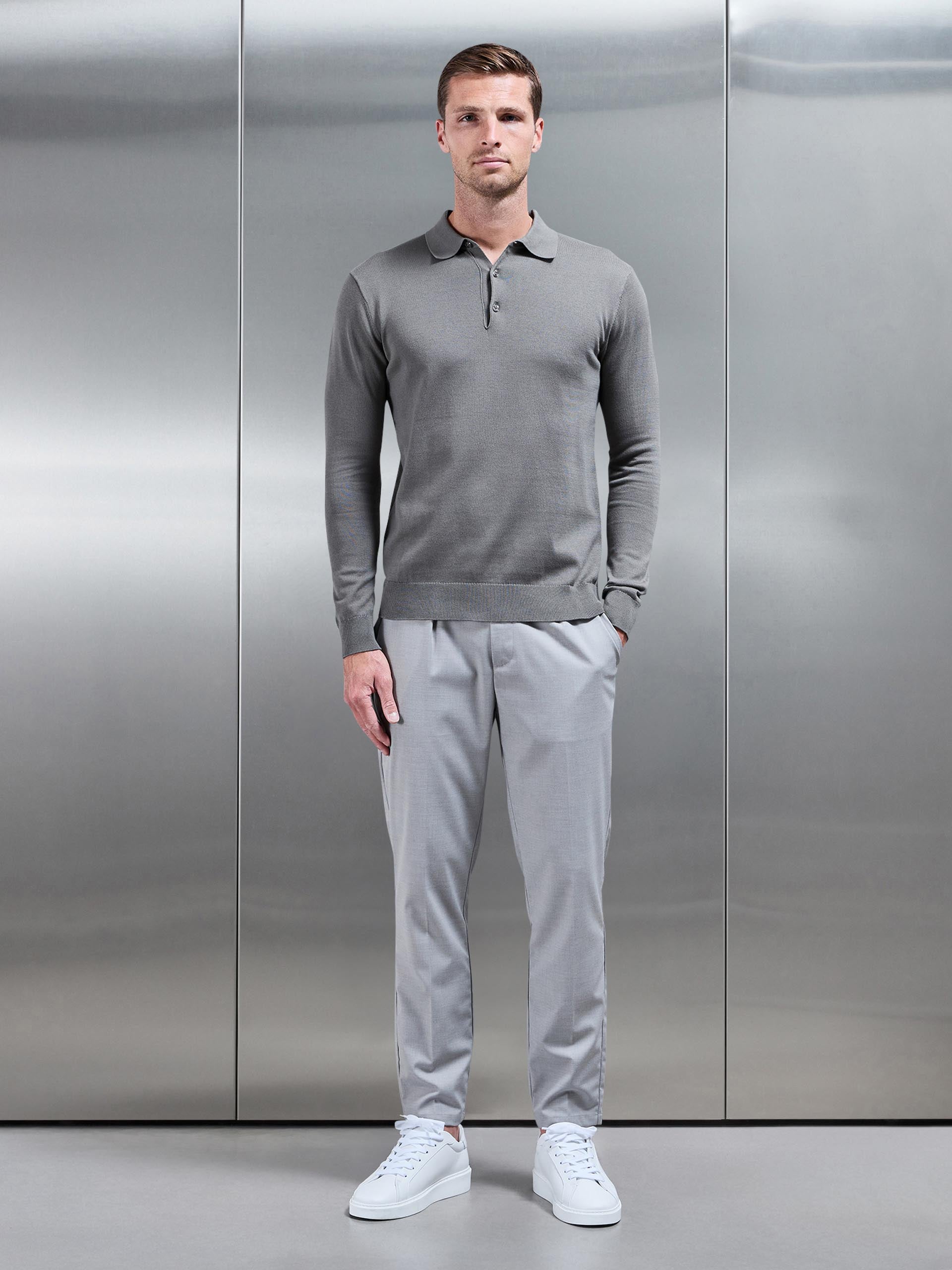 Cotton Knitted Long Sleeve Button Polo Shirt in Sage