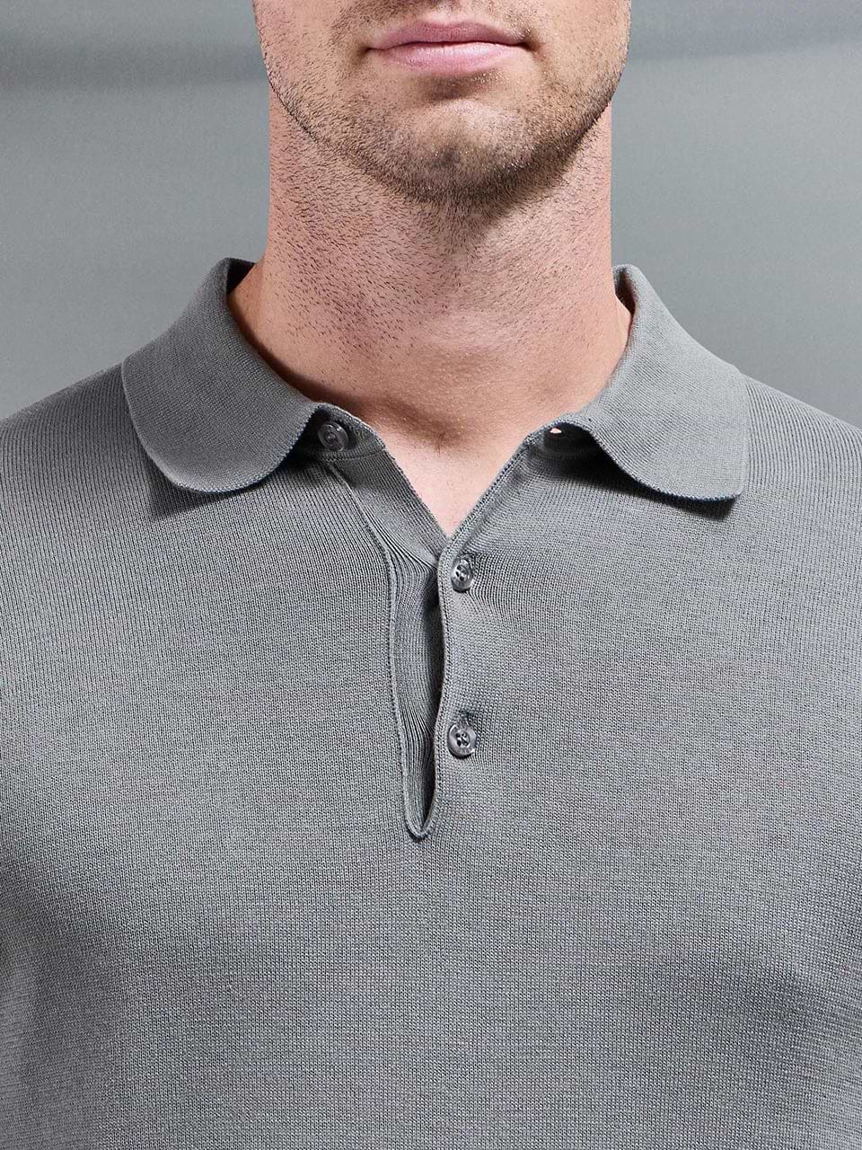 Cotton Knitted Long Sleeve Button Polo Shirt in Sage