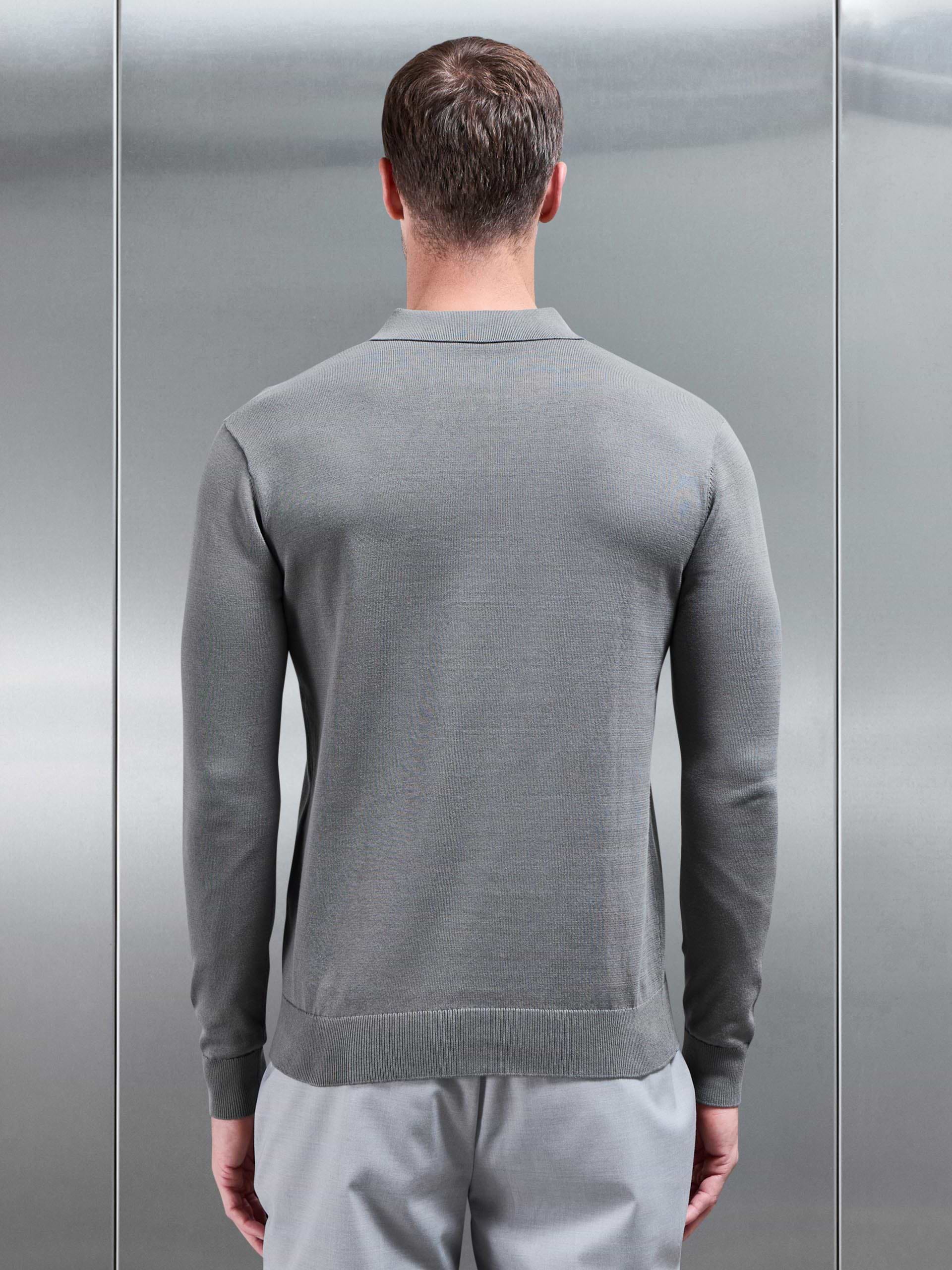 Cotton Knitted Long Sleeve Button Polo Shirt in Sage