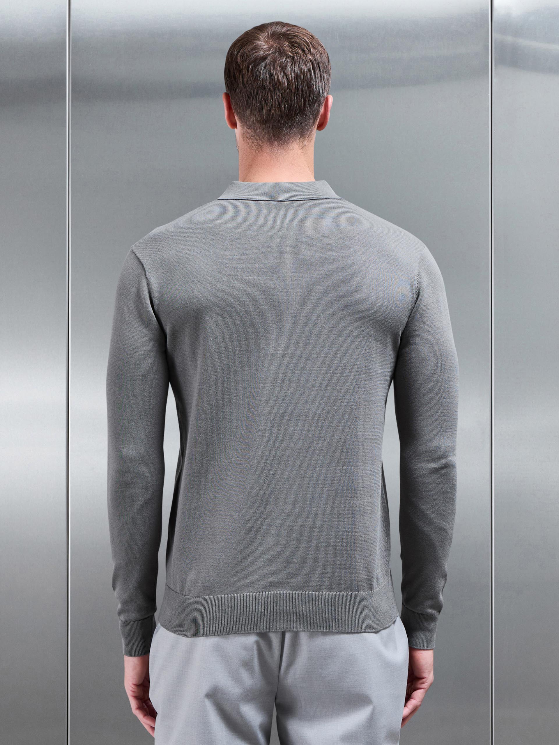 Cotton Knitted Long Sleeve Button Polo Shirt in Sage