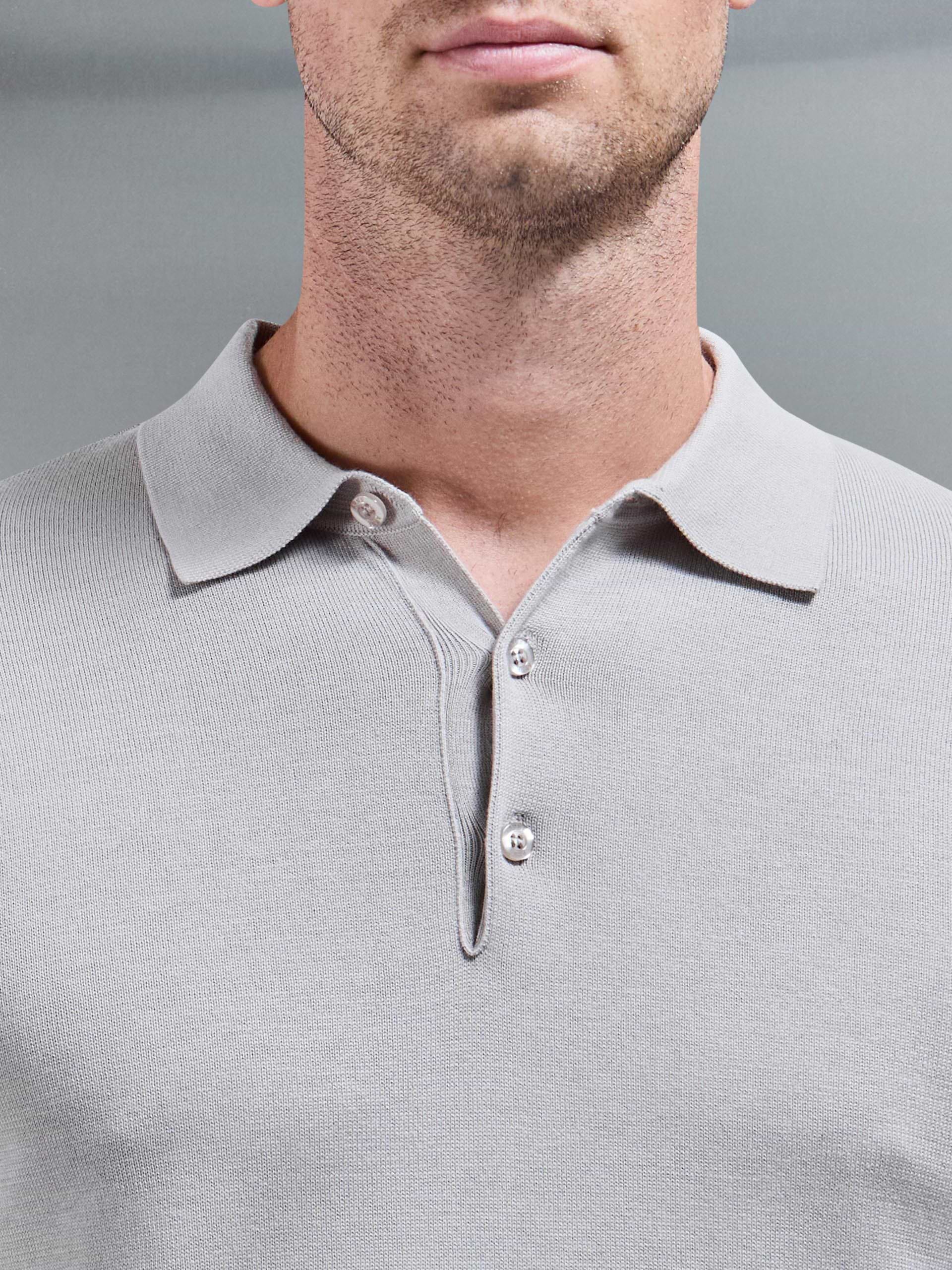 Cotton Knitted Long Sleeve Button Polo Shirt in Stone
