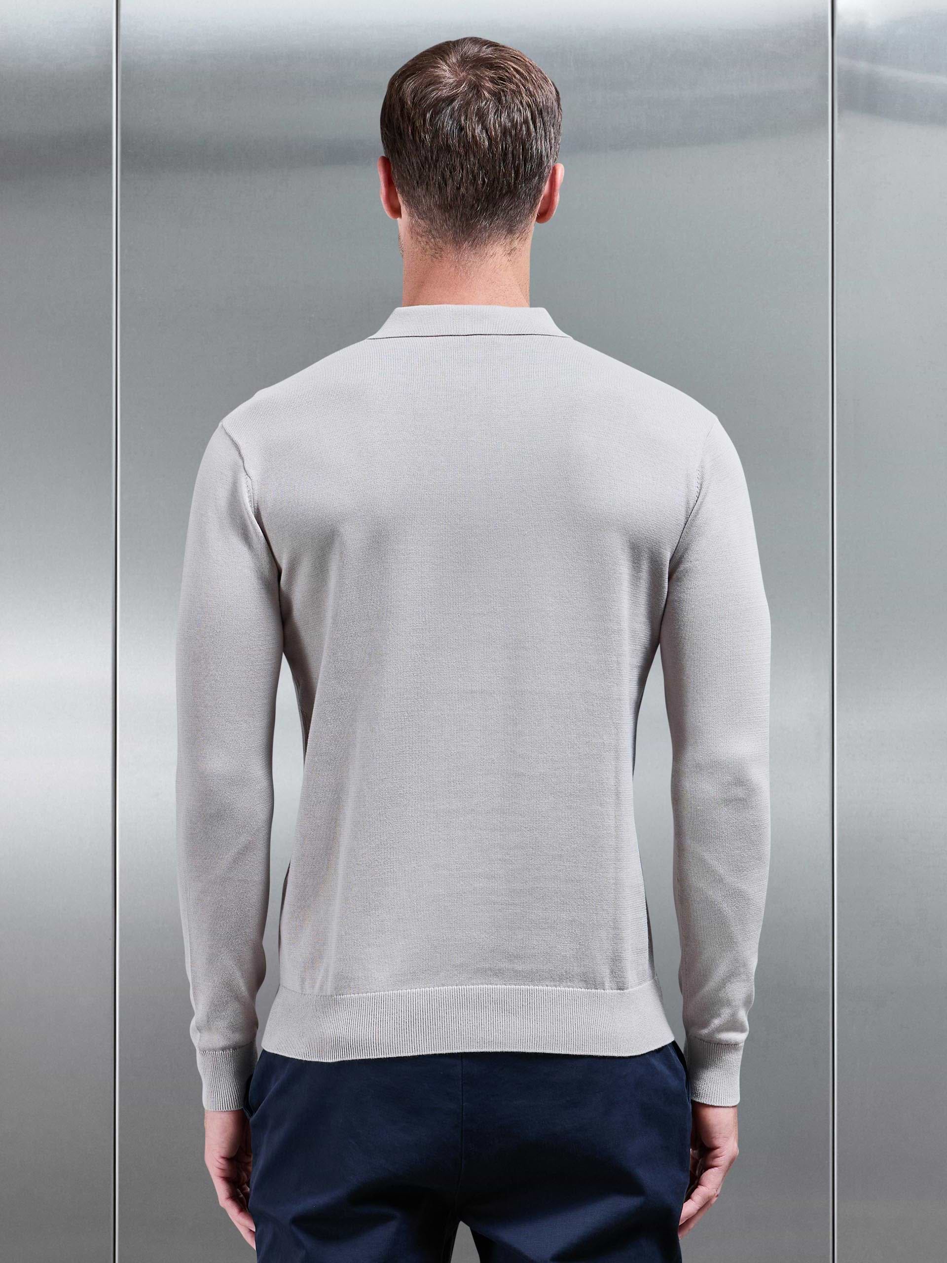 Cotton Knitted Long Sleeve Button Polo Shirt in Stone