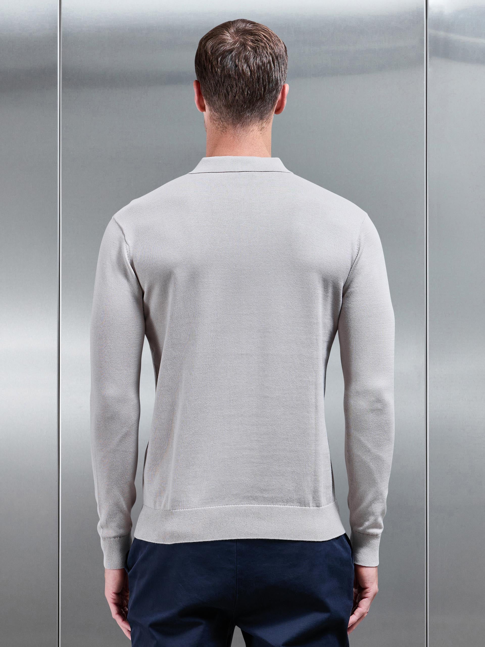 Cotton Knitted Long Sleeve Button Polo Shirt in Stone