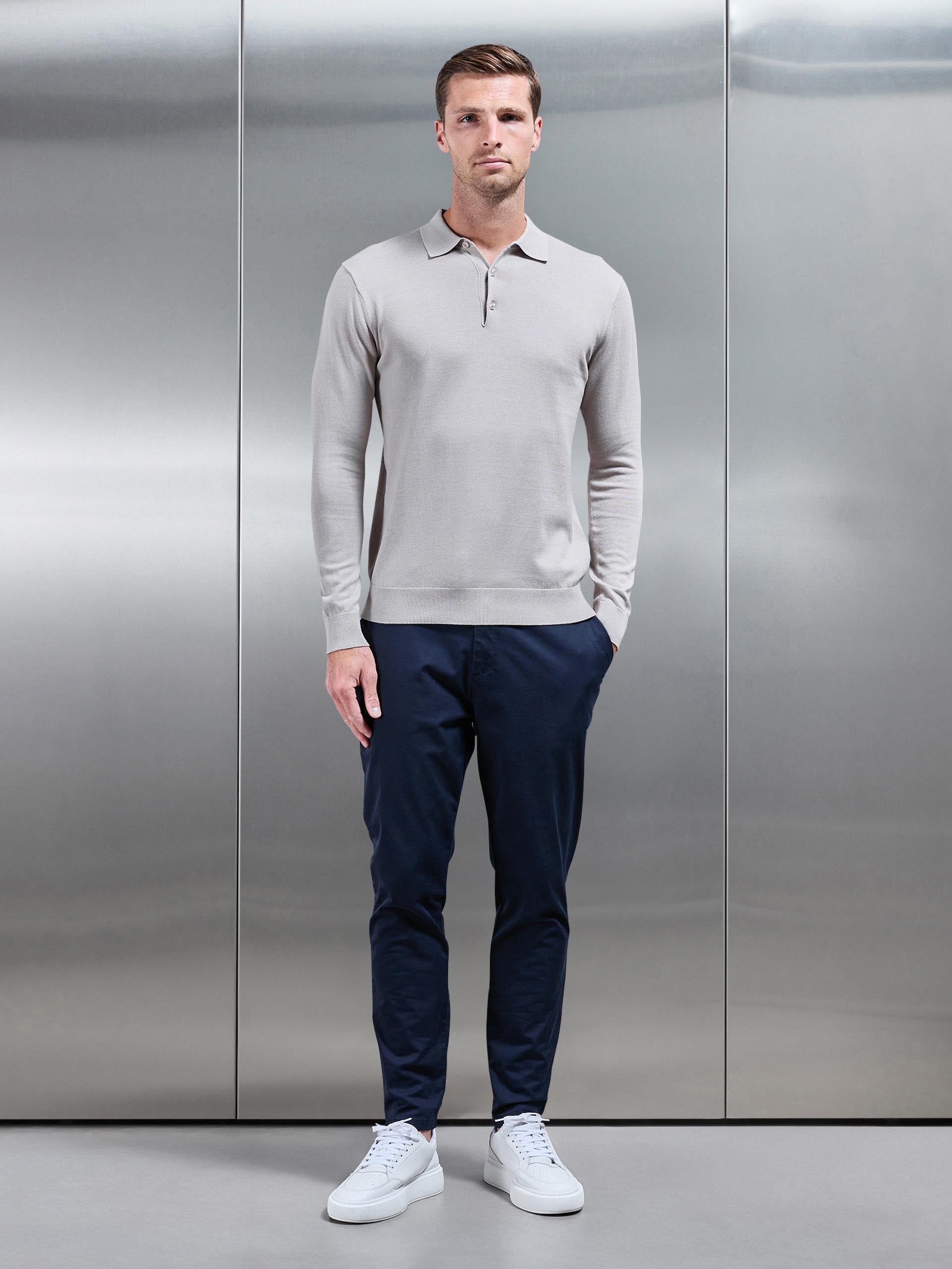 Cotton Knitted Long Sleeve Button Polo Shirt in Stone