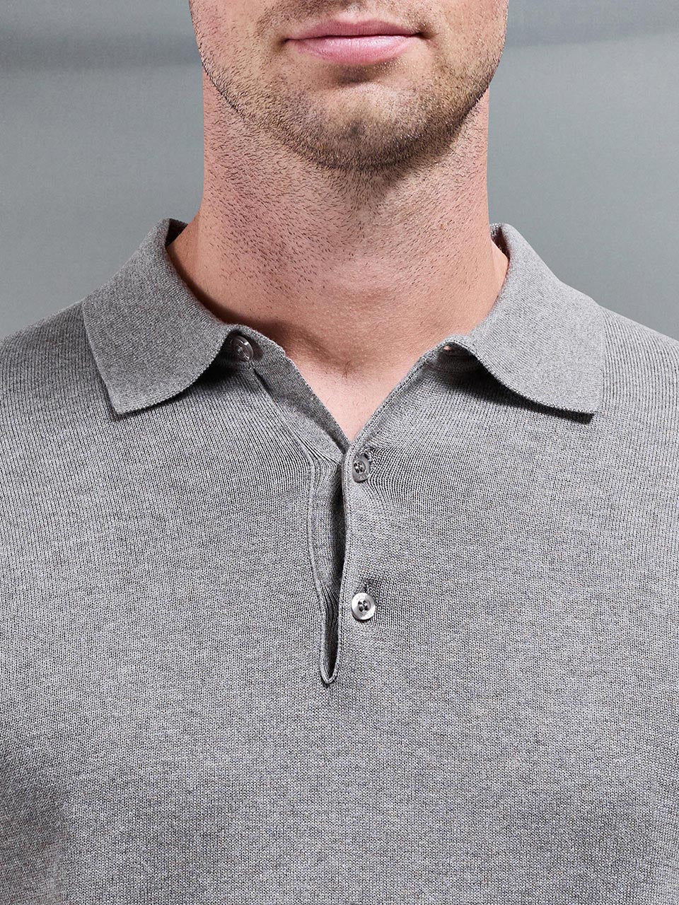 Cotton Knitted Long Sleeve Button Polo Shirt in Taupe Marl