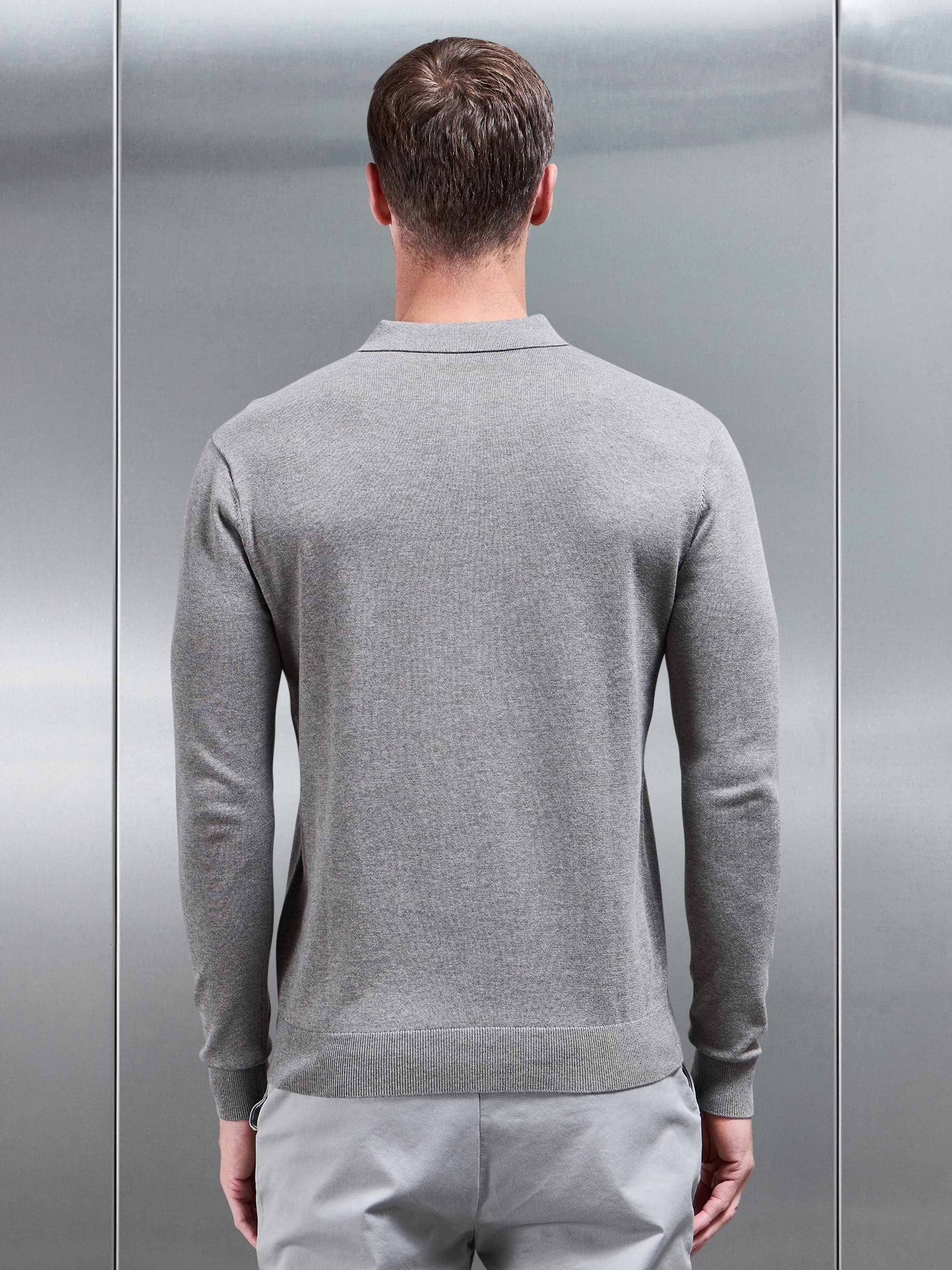 Cotton Knitted Long Sleeve Button Polo Shirt in Taupe Marl