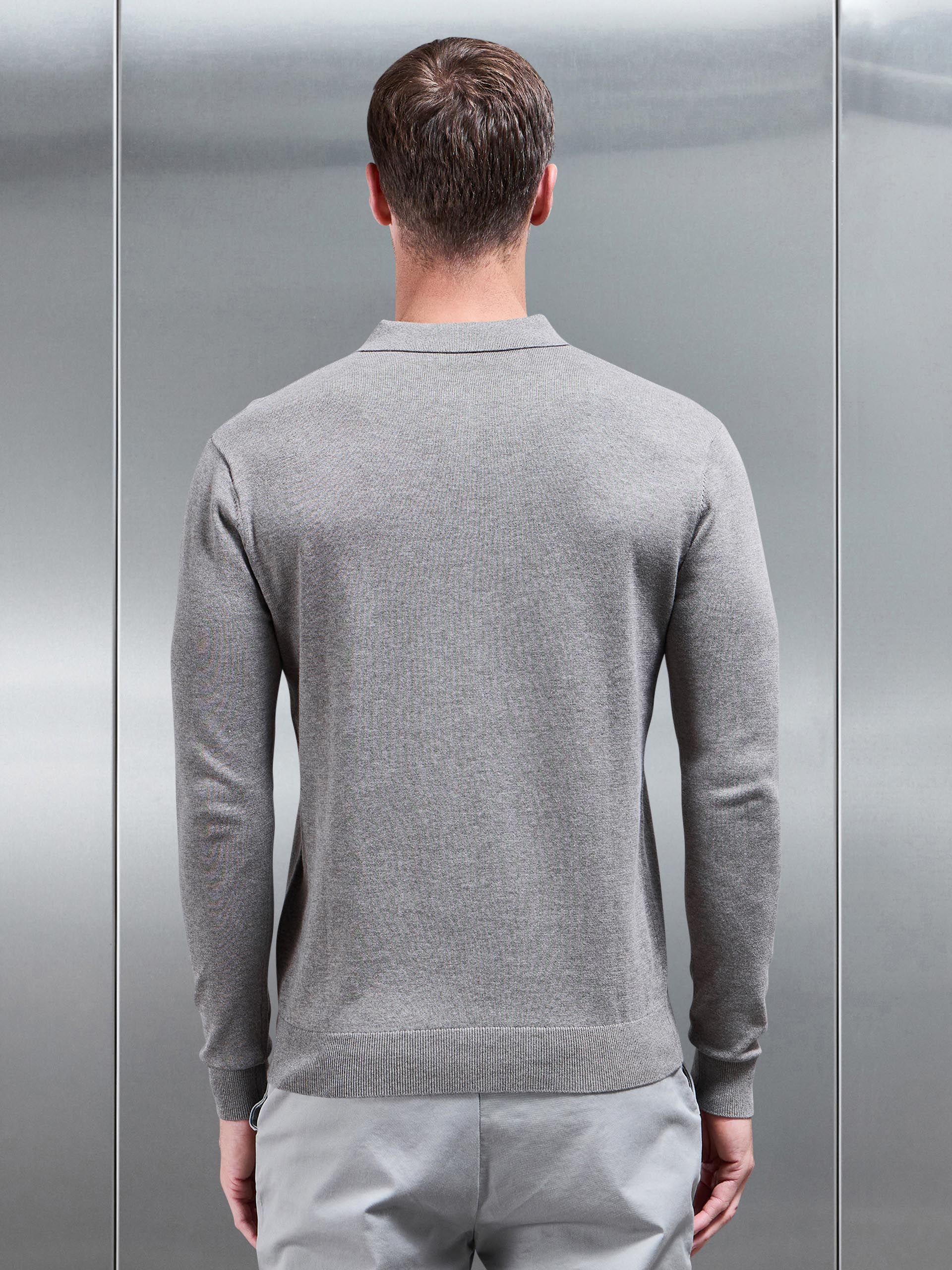 Cotton Knitted Long Sleeve Button Polo Shirt in Taupe Marl