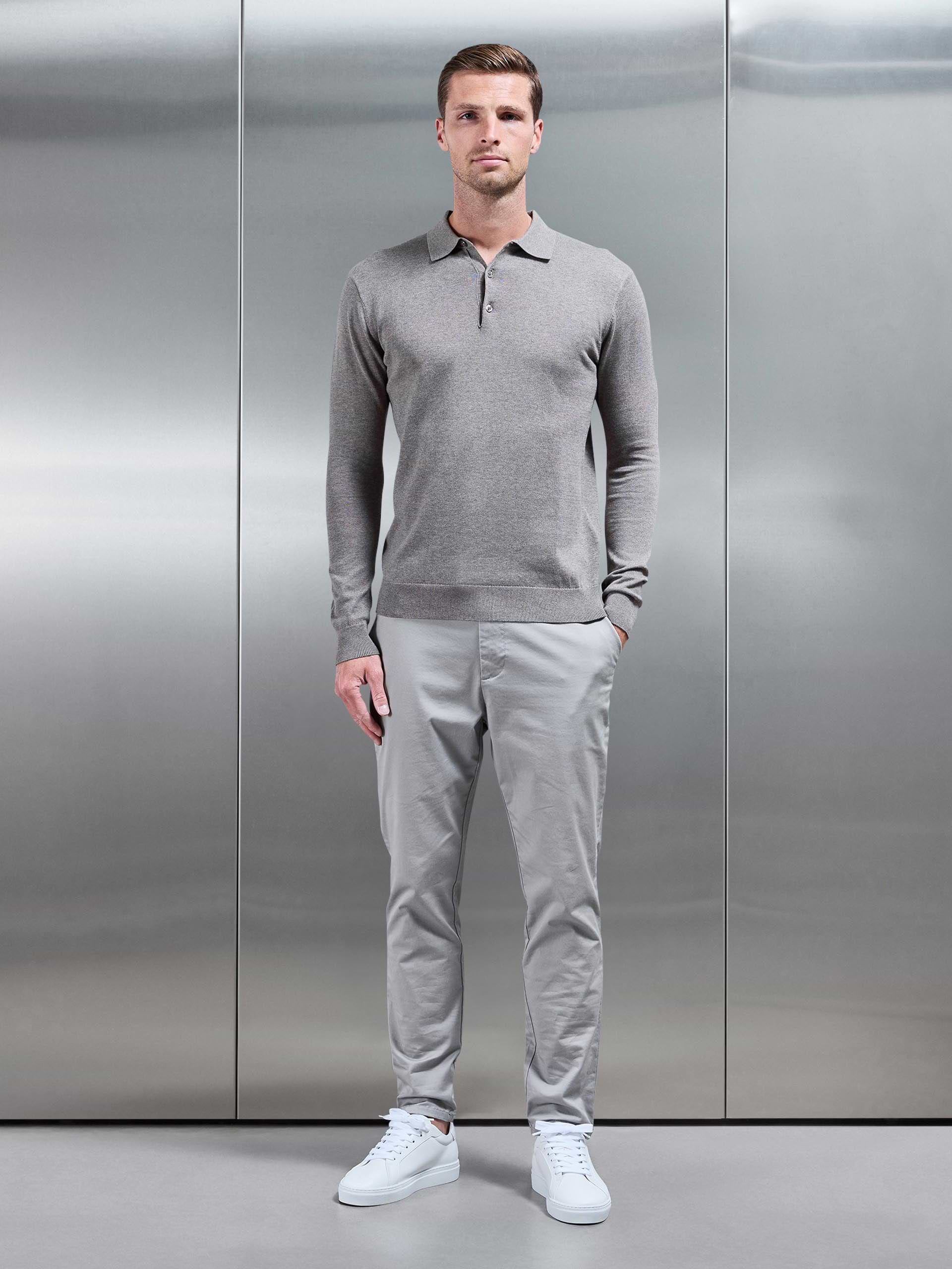 Cotton Knitted Long Sleeve Button Polo Shirt in Taupe Marl